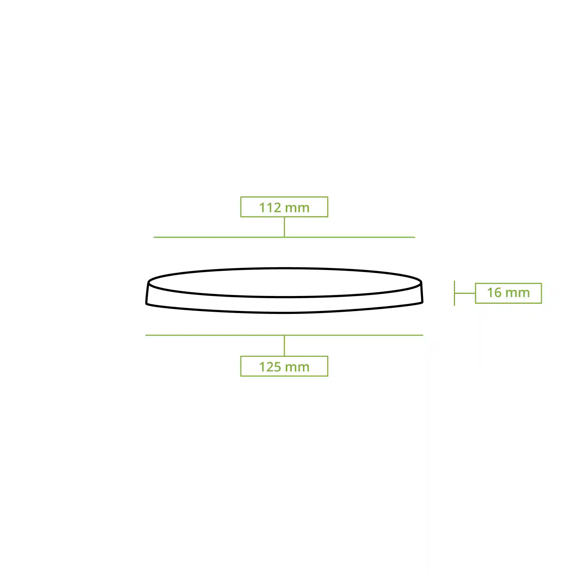 Schematische tekening van een ronde deksel met afmetingen: bovenste diameter 112 mm, onderste diameter 125 mm, hoogte 16 mm.