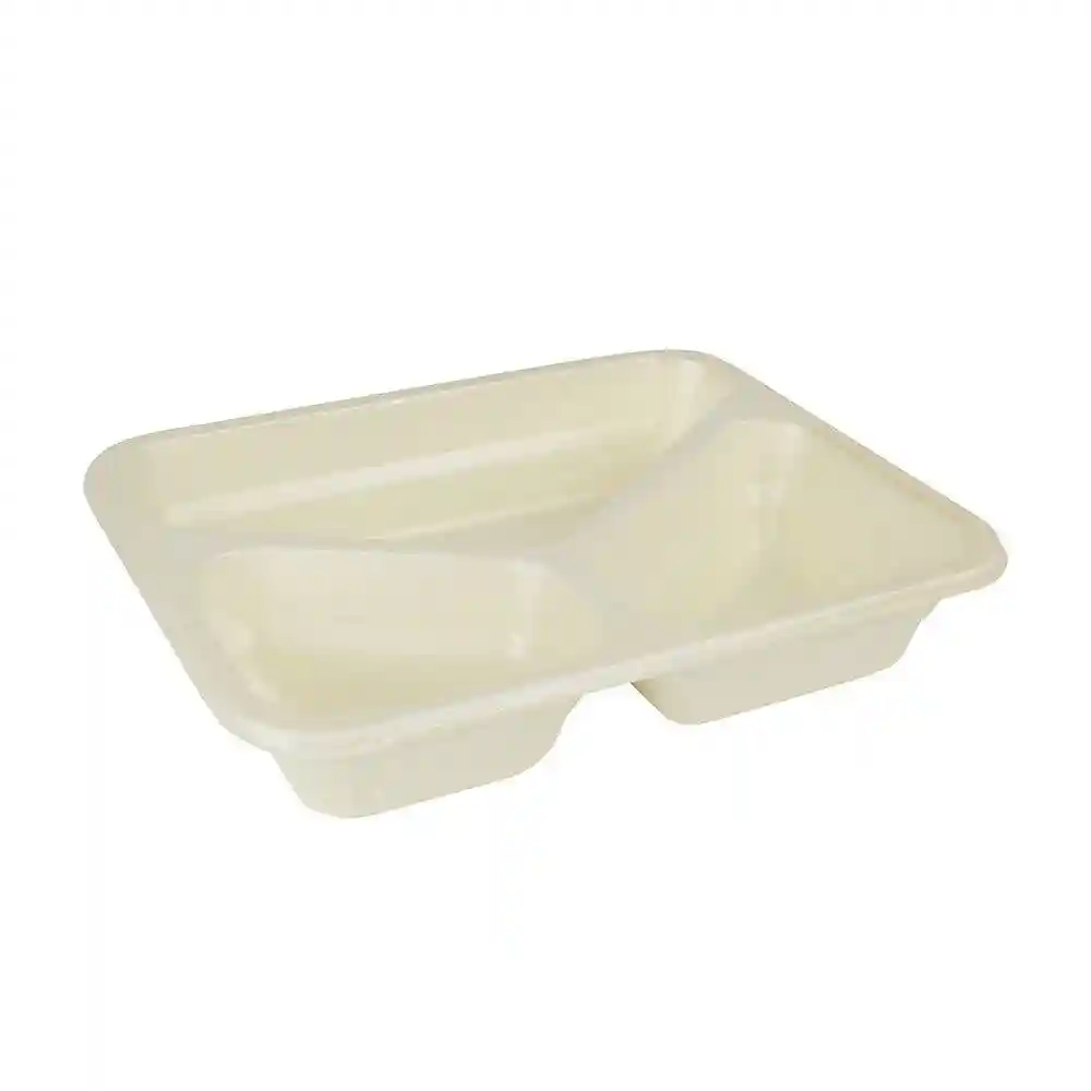 Rechthoekige cellulose schaal met drie compartimenten, ongebleekte kleur, afmetingen 25 x 17,7 x 4,5 cm.