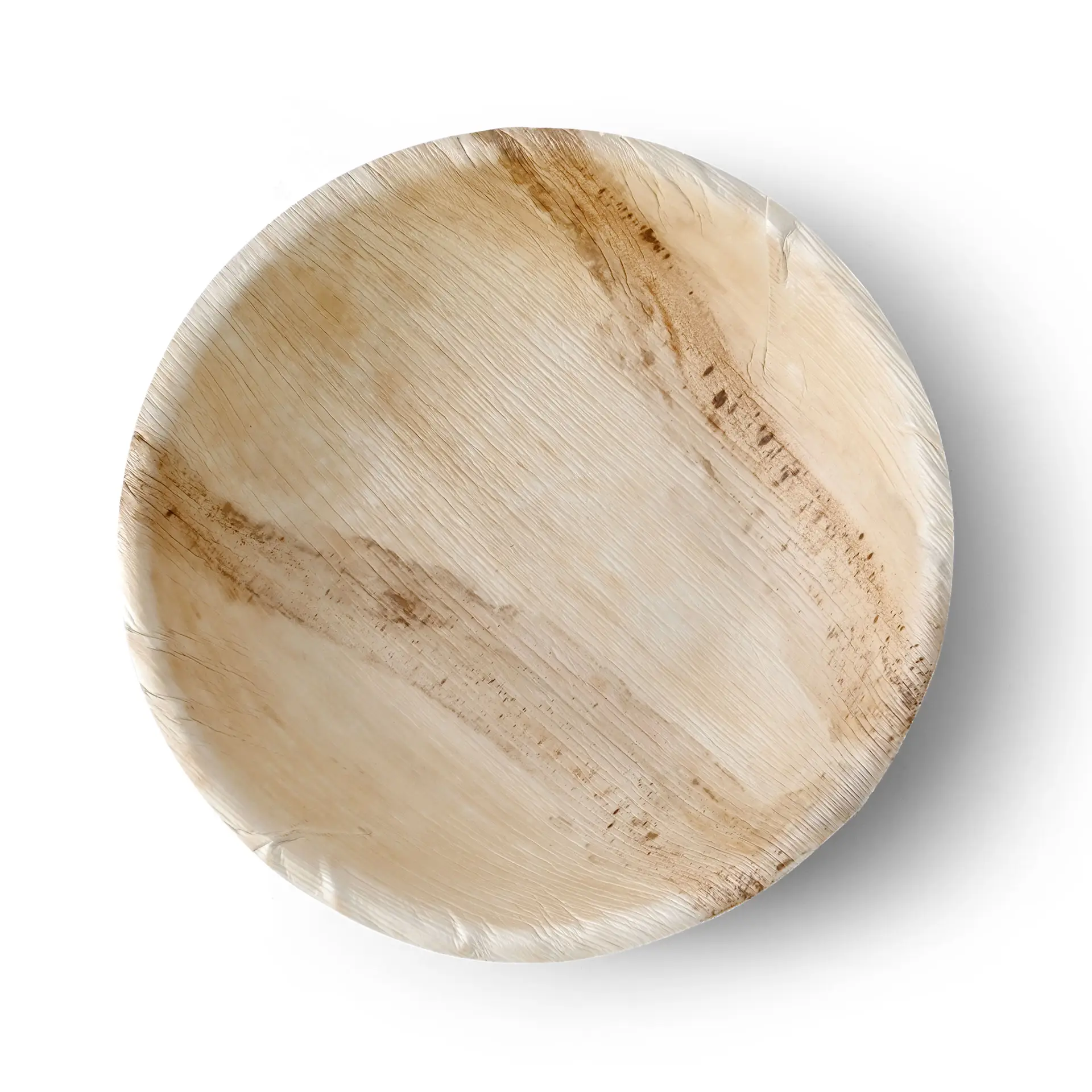 Ronde palmbladkom, 30 cm diameter, geschikt voor warme en koude voedingsmiddelen, biologisch afbreekbaar, met uniek graanpatroon.