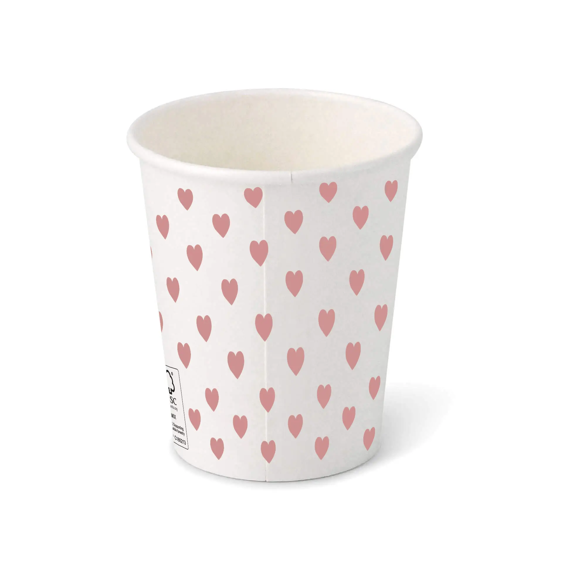 Papieren beker bedrukt "Hearts" (gecoat) 200 ml / 8 oz, Ø 80 mm, wit