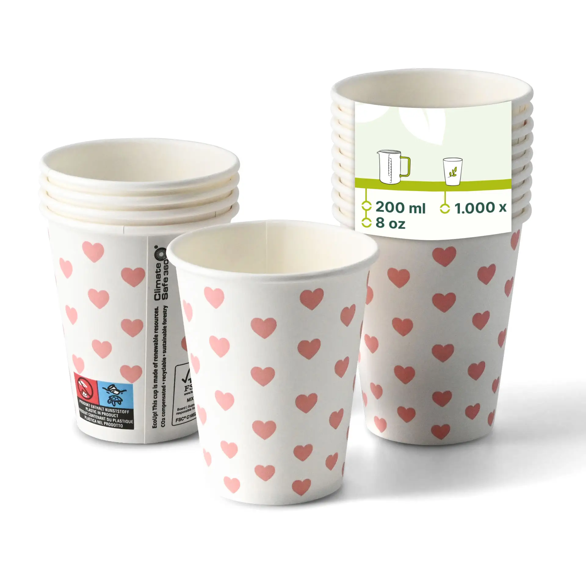 Papieren beker bedrukt "Hearts" (gecoat) 200 ml / 8 oz, Ø 80 mm, wit con10032-01-0-pappbecher-bedruckt-hearts-beschichtet-200-ml-8-oz-80-mm-weiss
