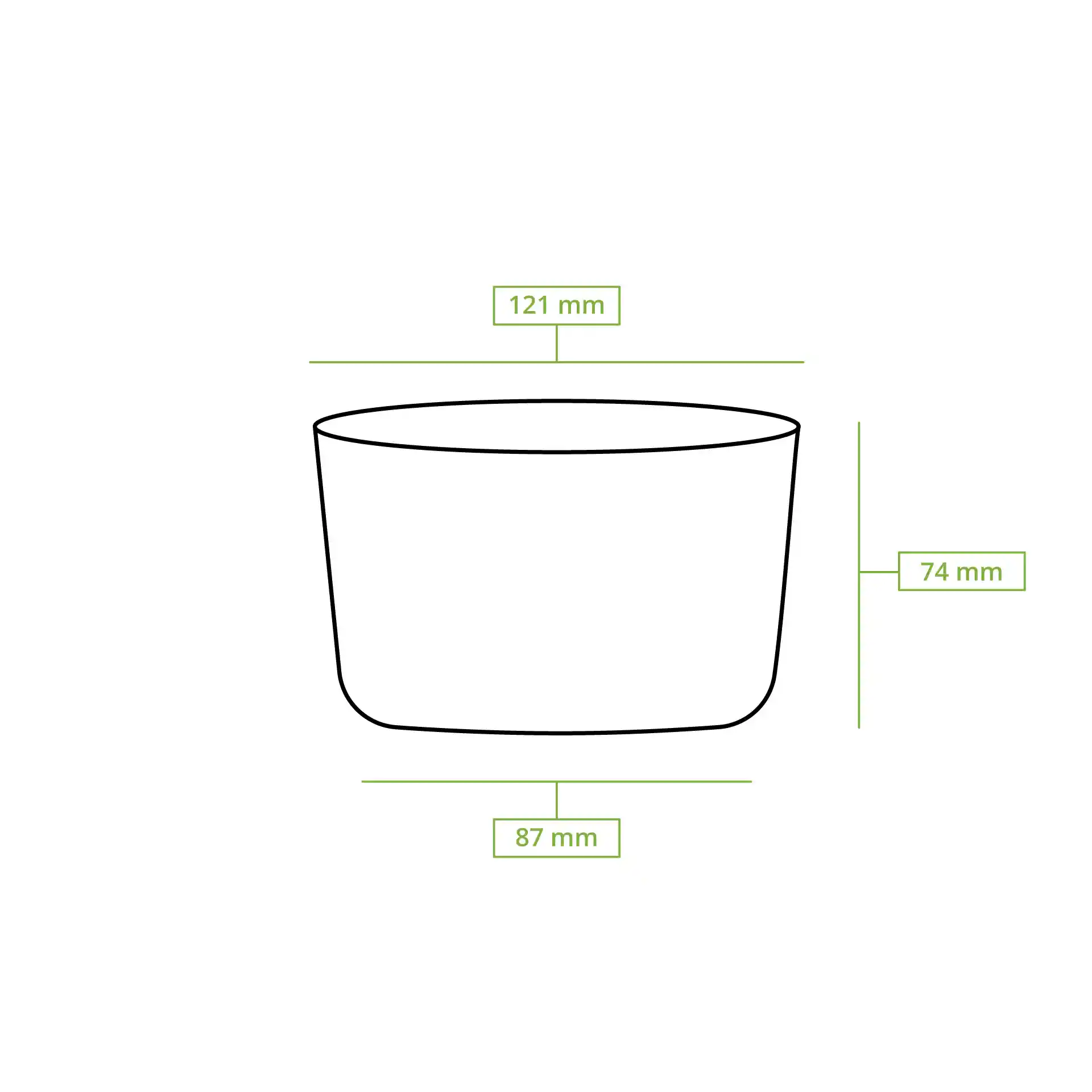 Schematische tekening van een ronde deli-container met afmetingen: diameter 121 mm, hoogte 74 mm, bodemdia 87 mm.