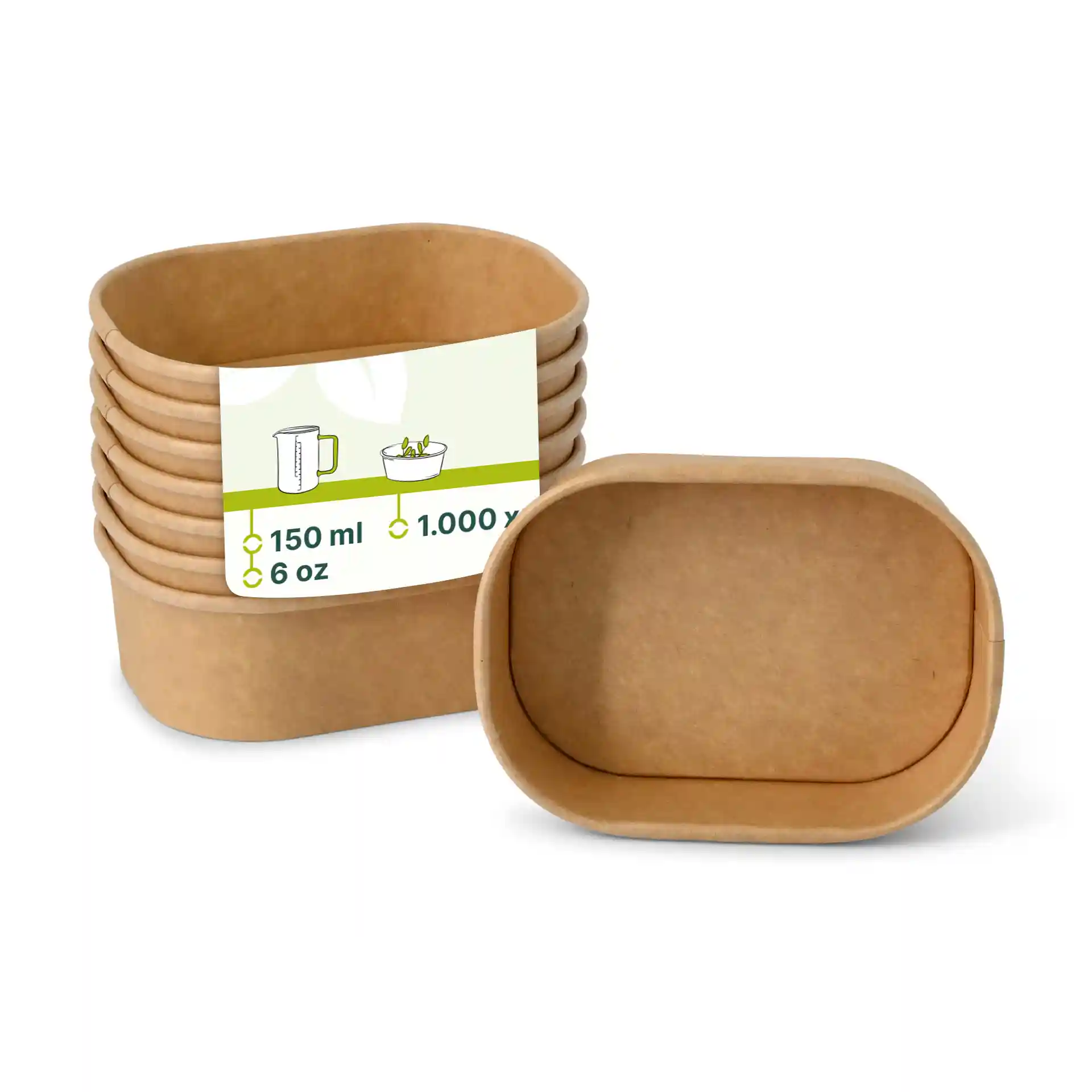 Set van rechthoekige bruine kartonnen voedselcontainers, 150 ml, met één container voor gestapelde containers.