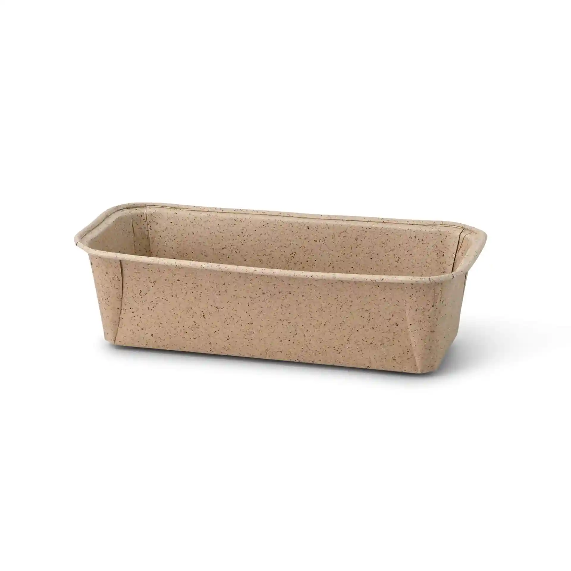 Rechthoekige bakvorm van bruin cacaopapier, 20 × 7 × 6 cm groot.