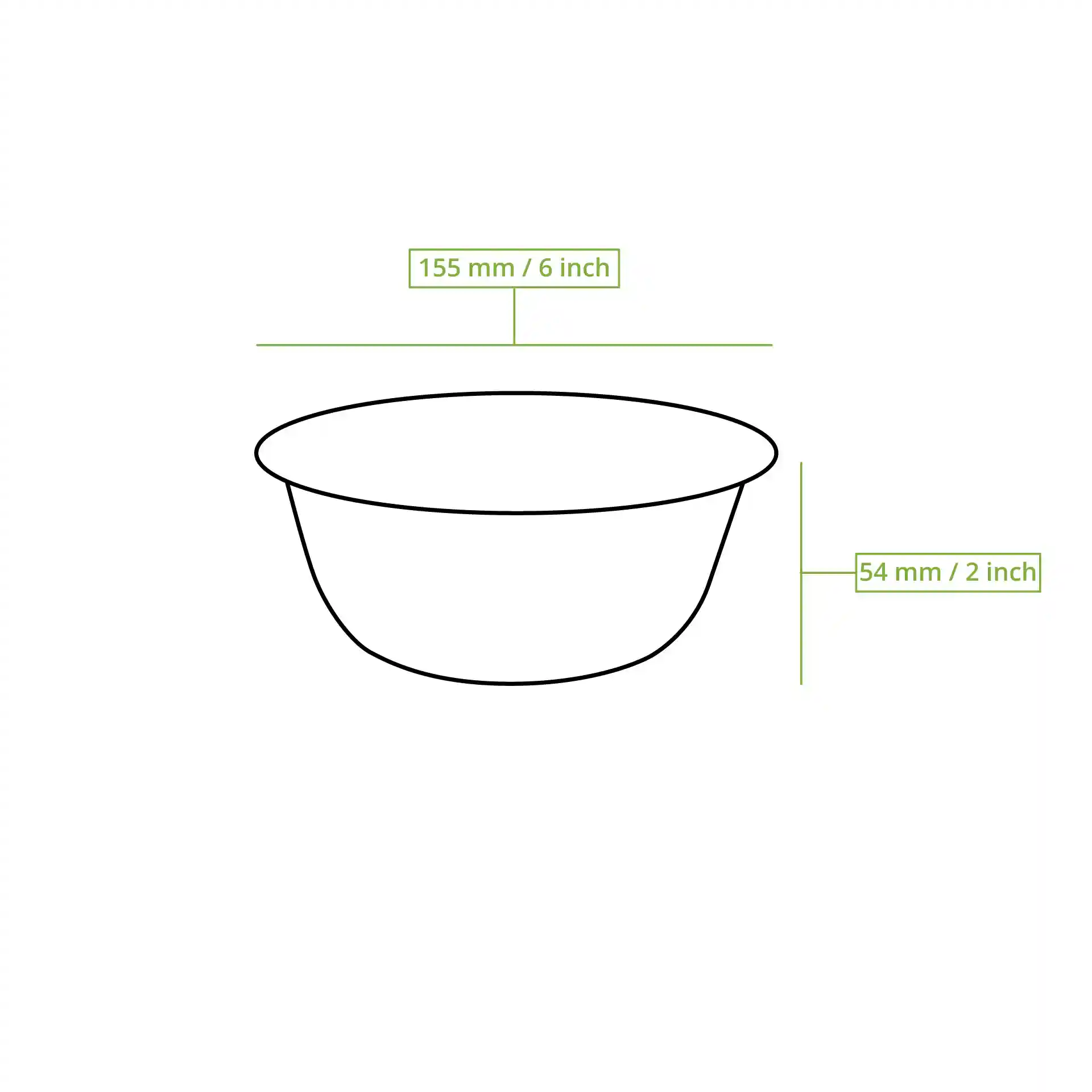 Schematische tekening van een ronde suikerrietkom met een diameter van 155 mm en een hoogte van 54 mm.