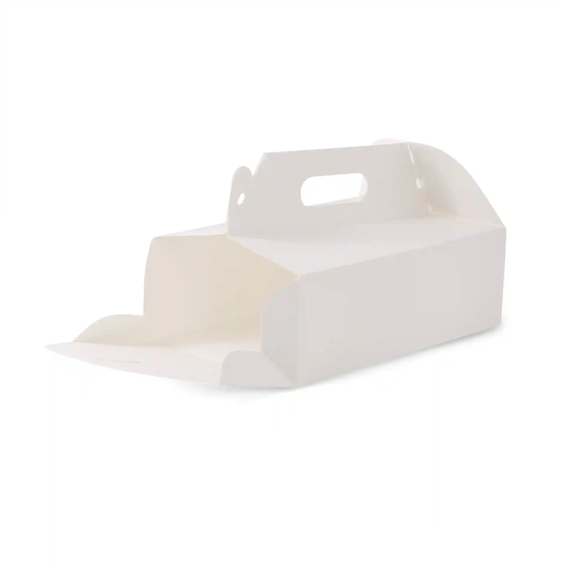 Witte rechthoekige kartonnen taartdoos met handvat, 26 x 17 x 9 cm, opvouwbaar ontwerp.