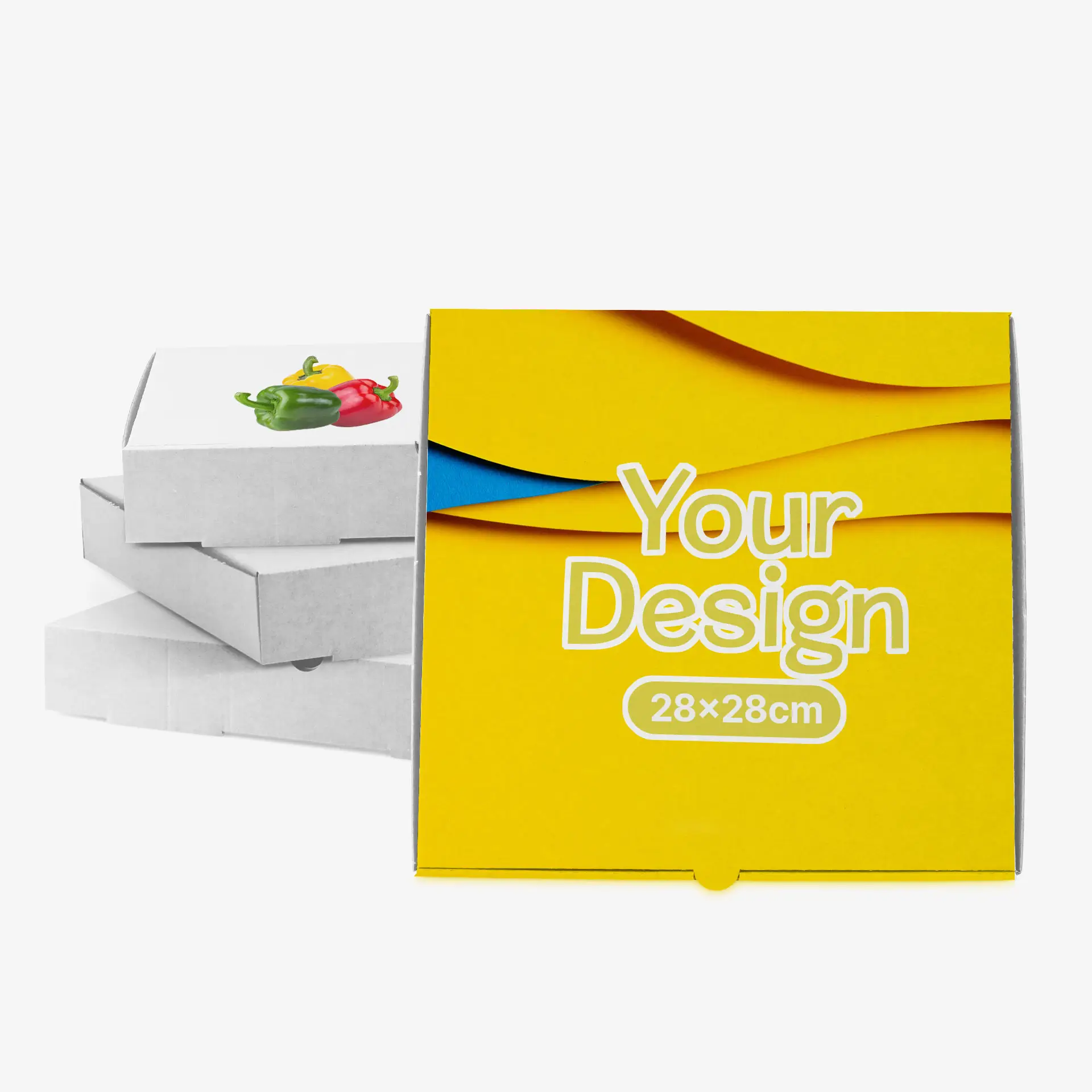 Gele pizzadoos met een ontwerpgebied, 28 x 28 cm, naast verschillende witte dozen met kleurrijke paprika-graphics.
