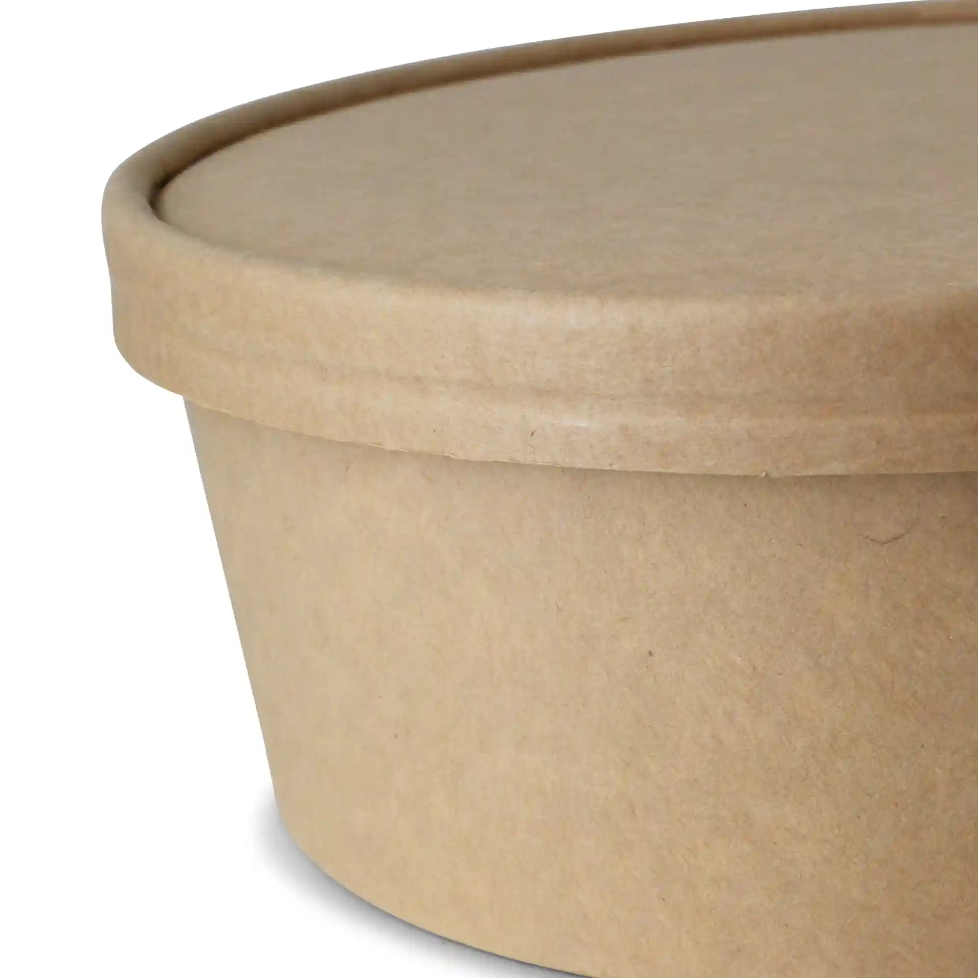 Bruine ronde kartonnen container met deksel, met een diameter van 185 mm en een hoogte van 16 mm.