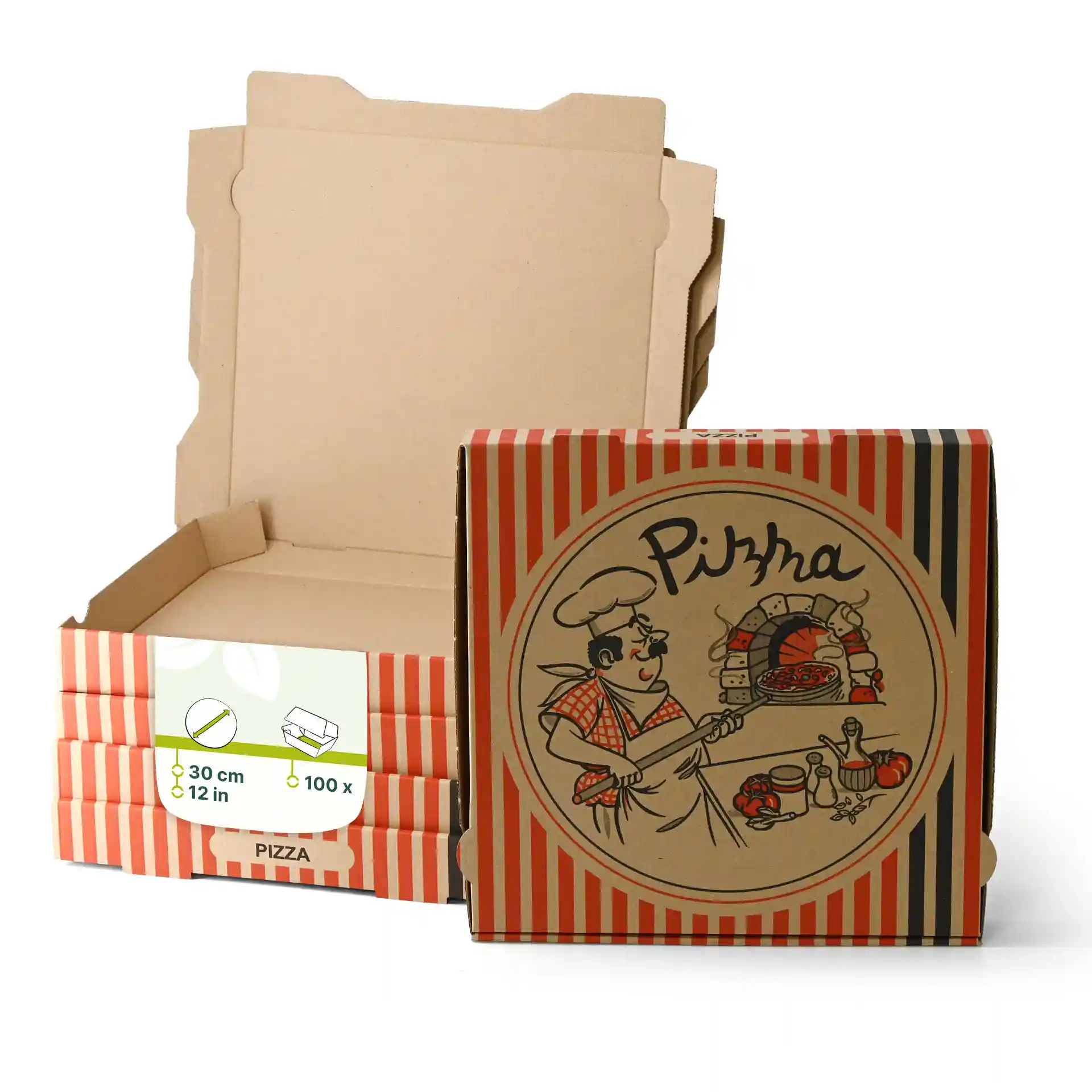 Pizzadoos met een ontwerp van een pizzakok, 30 x 30 x 4 cm, met meerdere eenvoudige dozen erachter gestapeld.
