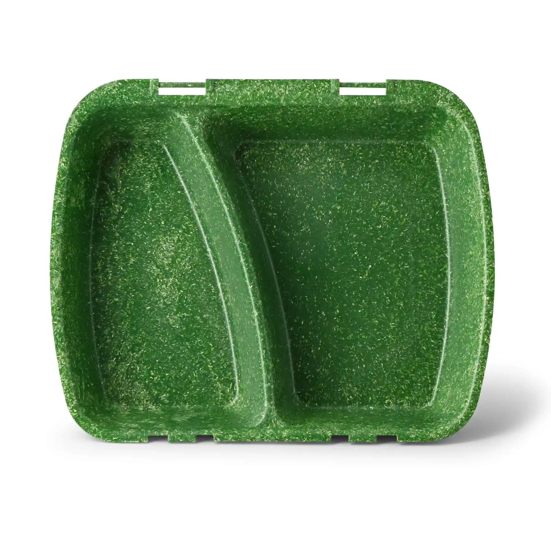 Diep groene herbruikbare maaltijdcontainer met twee compartimenten, 24,5 x 20 x 4,5 cm groot.