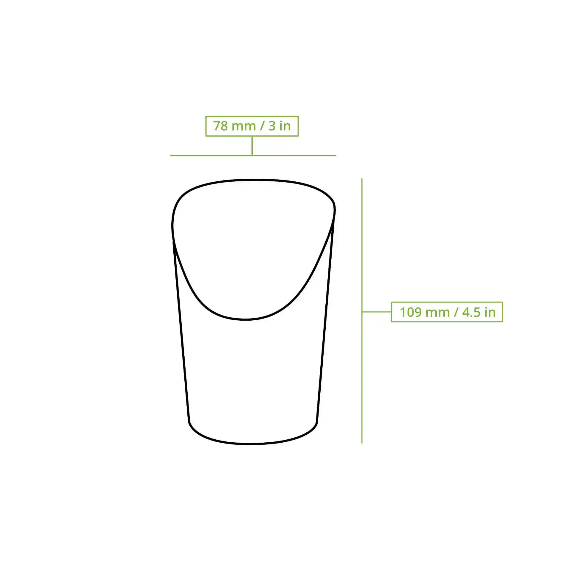 Schematische tekening van een diepe beker met afmetingen van 78 mm en 109 mm op een effen achtergrond.