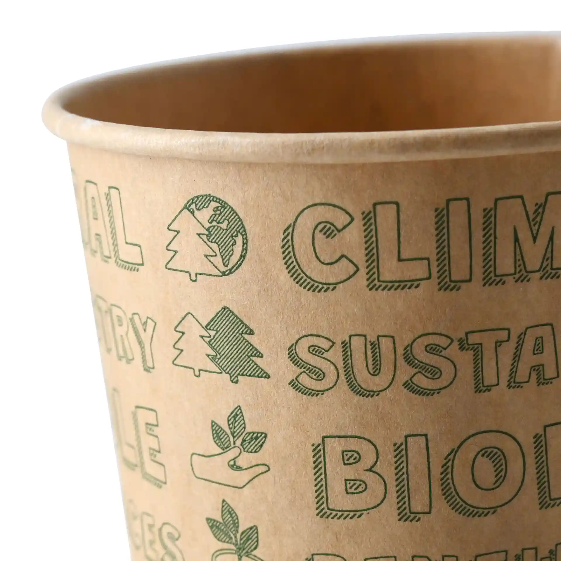 Ronde papieren ijscontainer met groene ontwerpen op ongebleekt karton, met verschillende symbolen en tekst.
