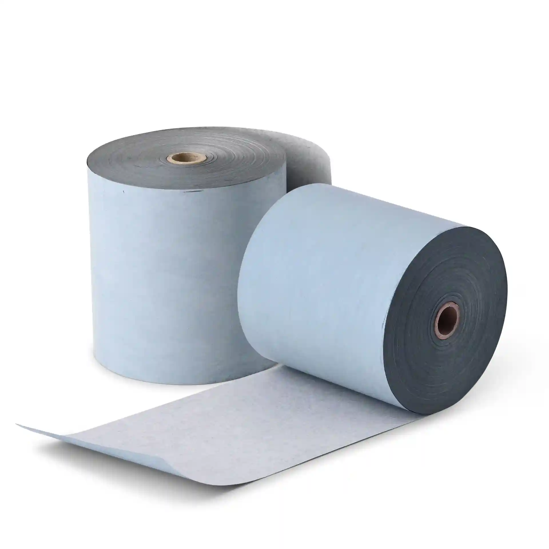 Twee rollen grijs thermisch papier, elk met een diameter van 80 mm, waarvan er één gedeeltelijk is afgewikkeld.