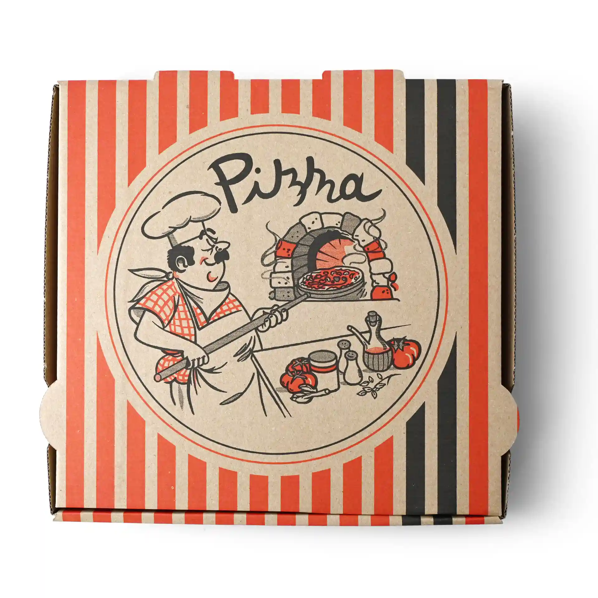 Pizzadoos met een pizzakok ontwerp, bruin karton, afmetingen 26 x 26 x 4 cm.