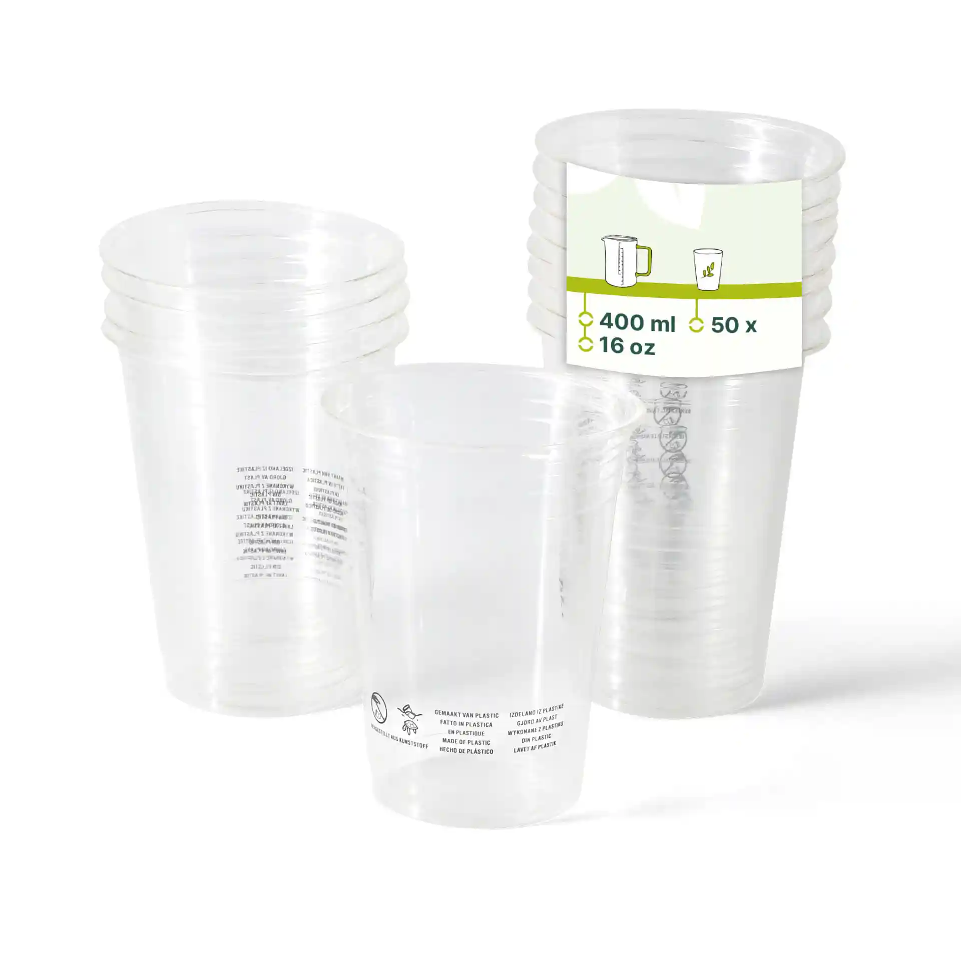 Heldere PLA-plastic bekers gestapeld, met een label dat 400 ml capaciteit en 50 stuks aangeeft.