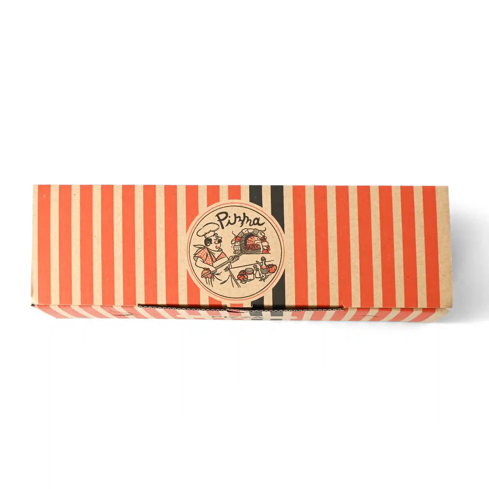Pizzadoos met rood-zwarte gestreepte design, met een illustratie van een pizzakok en een rond logo.