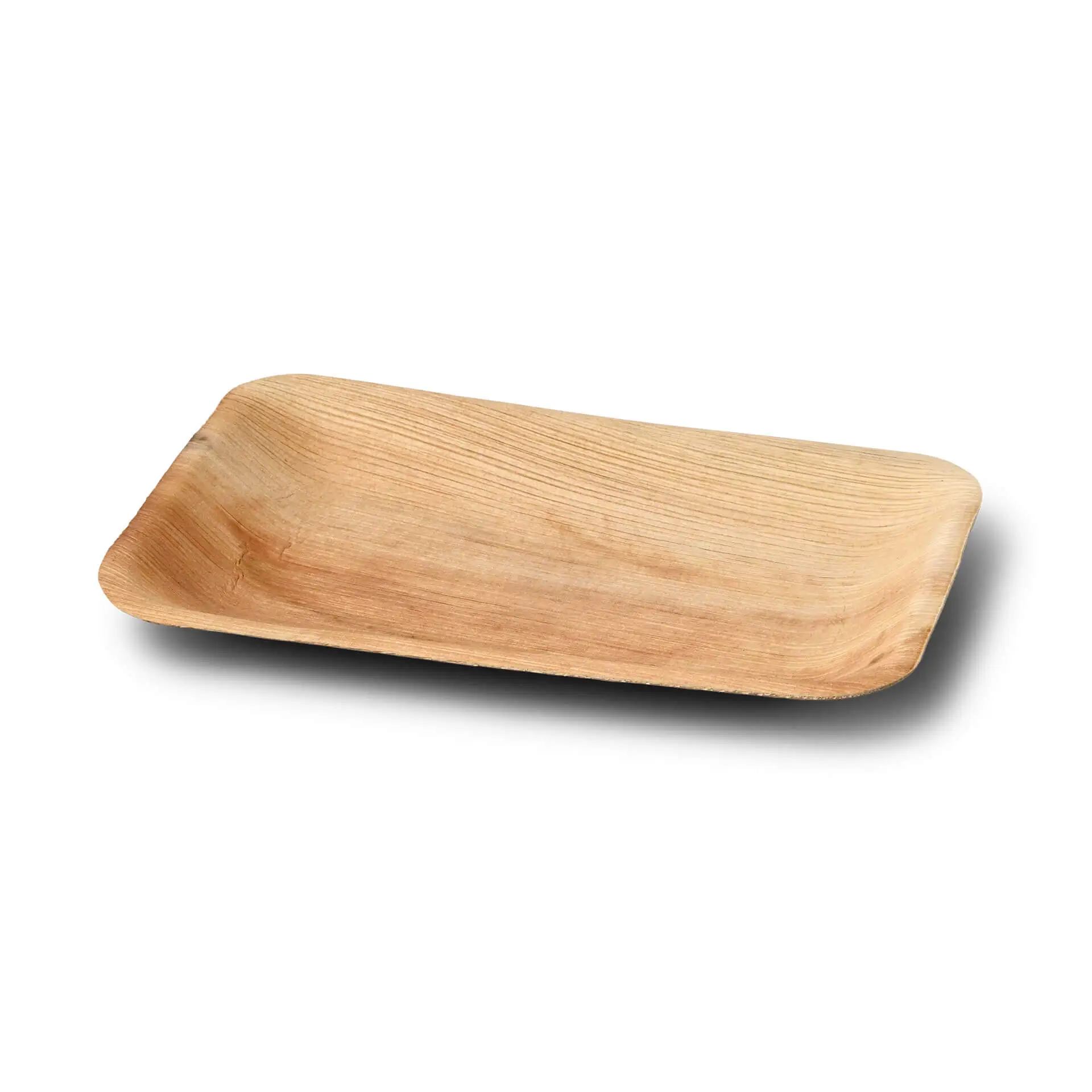 Rechthoekig wegwerp bord van palmblad, 25 x 15 cm, met een natuurlijke nerfstructuur en ondiep ontwerp.