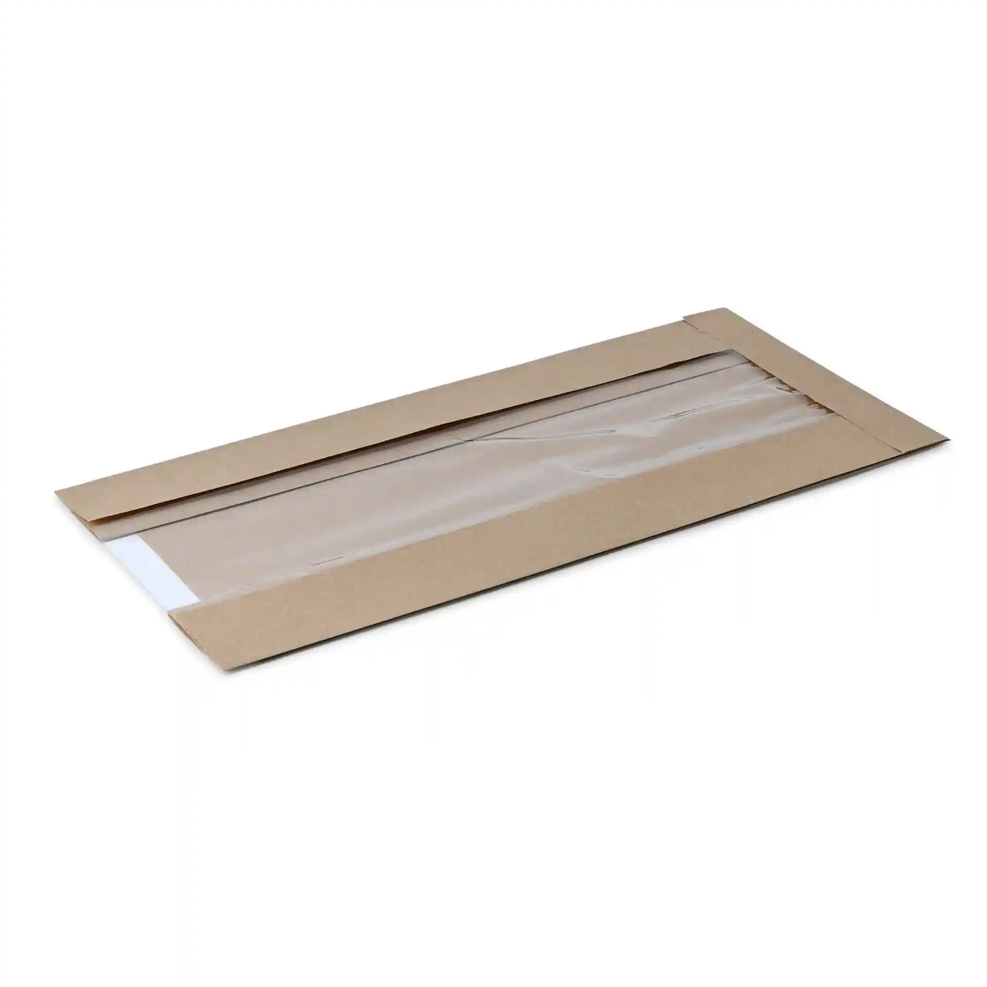 Bruine platte papieren broodzak met een doorzichtig venster, 20 x 11 x 41 cm groot.