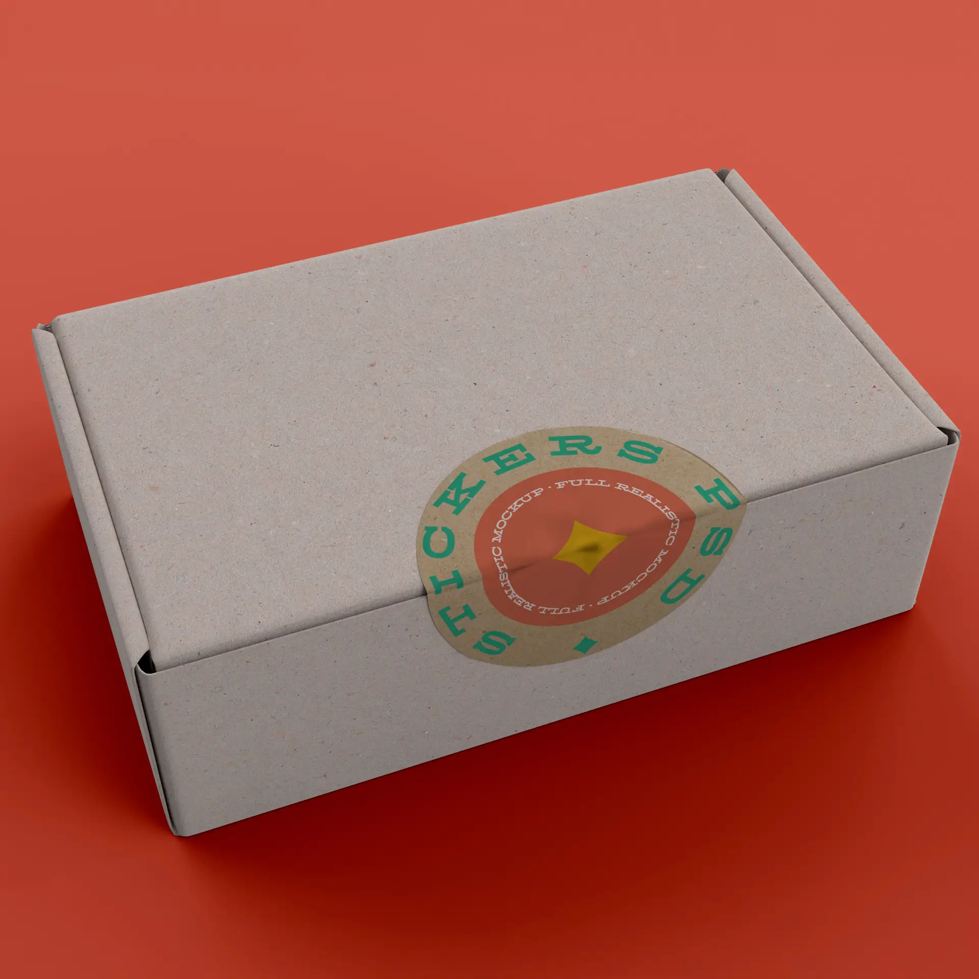 Bruine kraftpapierdoos met een ronde geprinte label met een ontwerp en het woord "STICKERS".