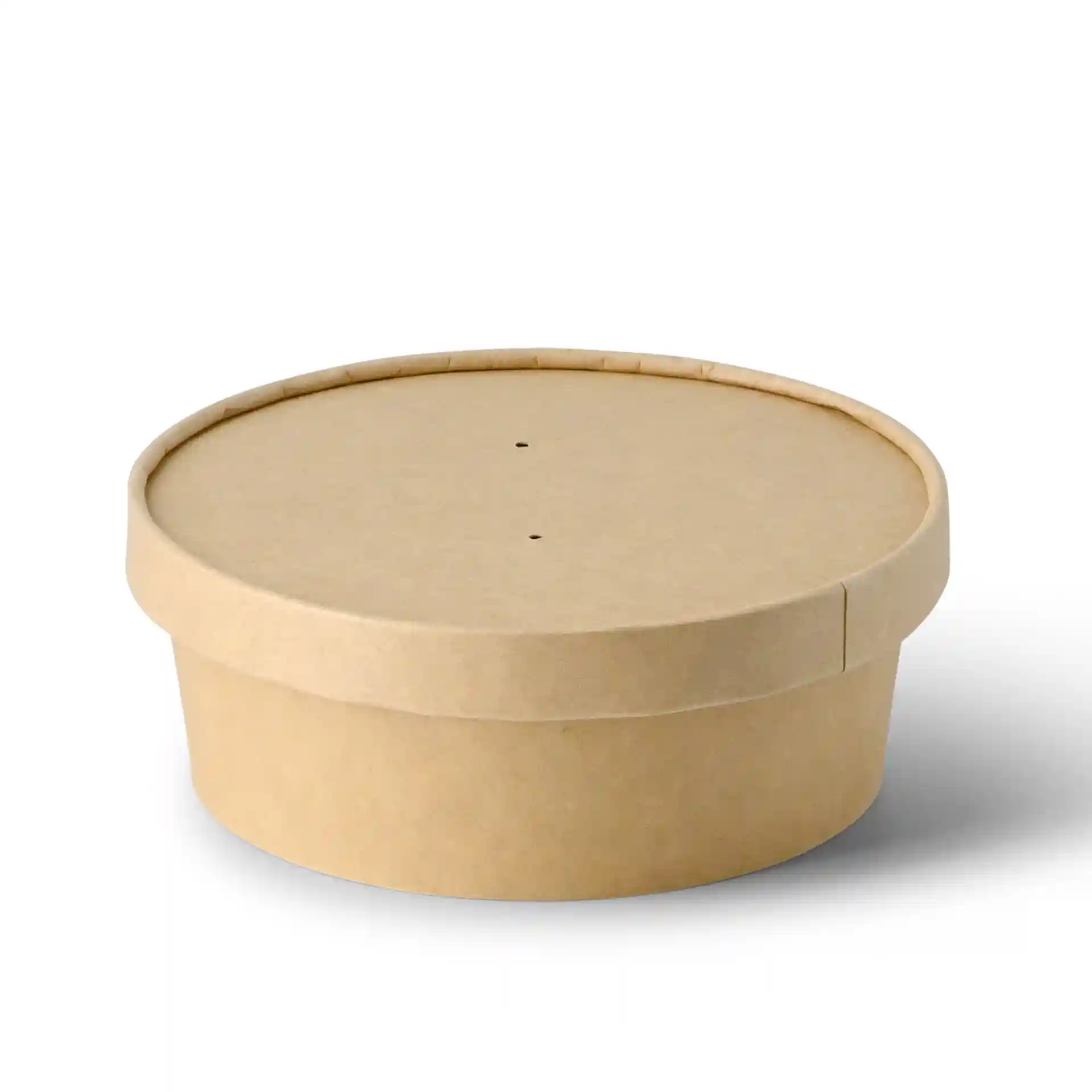 Ronde bruine kartonnen kom met deksel, 150 mm diameter, 51 mm hoogte, met twee kleine gaatjes bovenop.