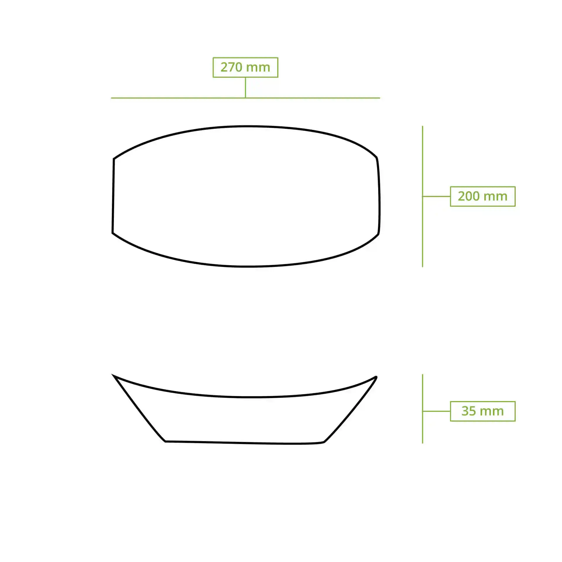 Schematische tekening van een rechthoekige schaal met afmetingen 270 mm bij 200 mm en hoogte 35 mm.
