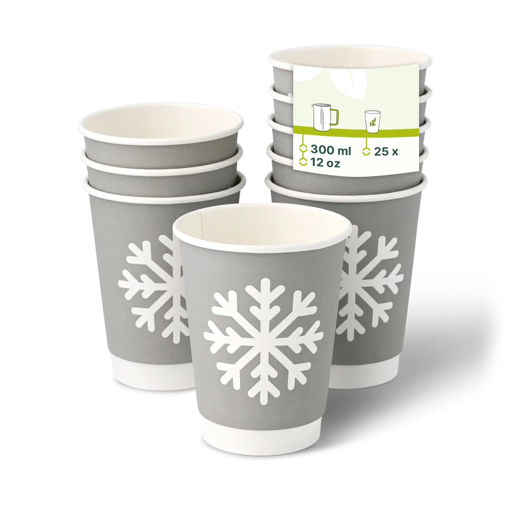 Kartonnen bekers dubbelwandig winter "Sneeuwvlok", 300 ml / 12 oz, Ø 90 mm, grijs Kartonnen bekers dubbelwandig winter "Sneeuwvlok", 300 ml / 12 oz, Ø 90 mm, grijs