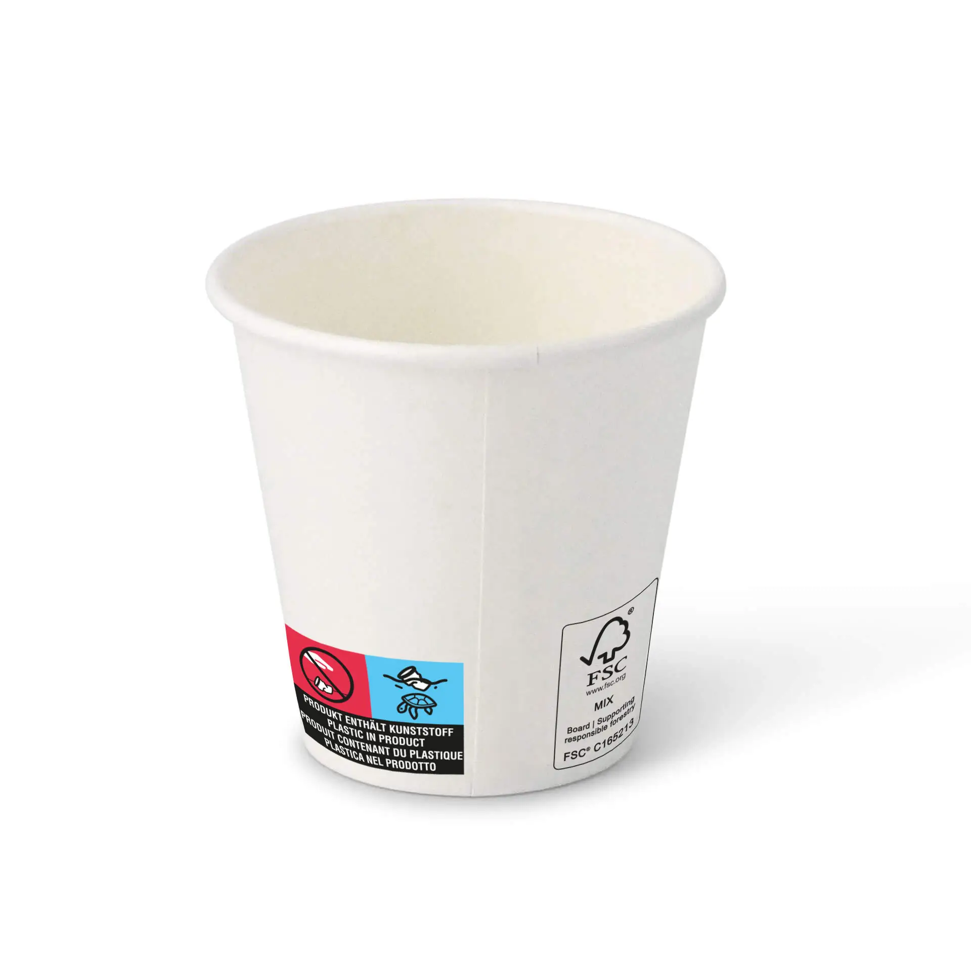 Witte papieren beker met ronde vorm, 6 oz capaciteit en een zichtbaar label met symbolen aan de zijkant.