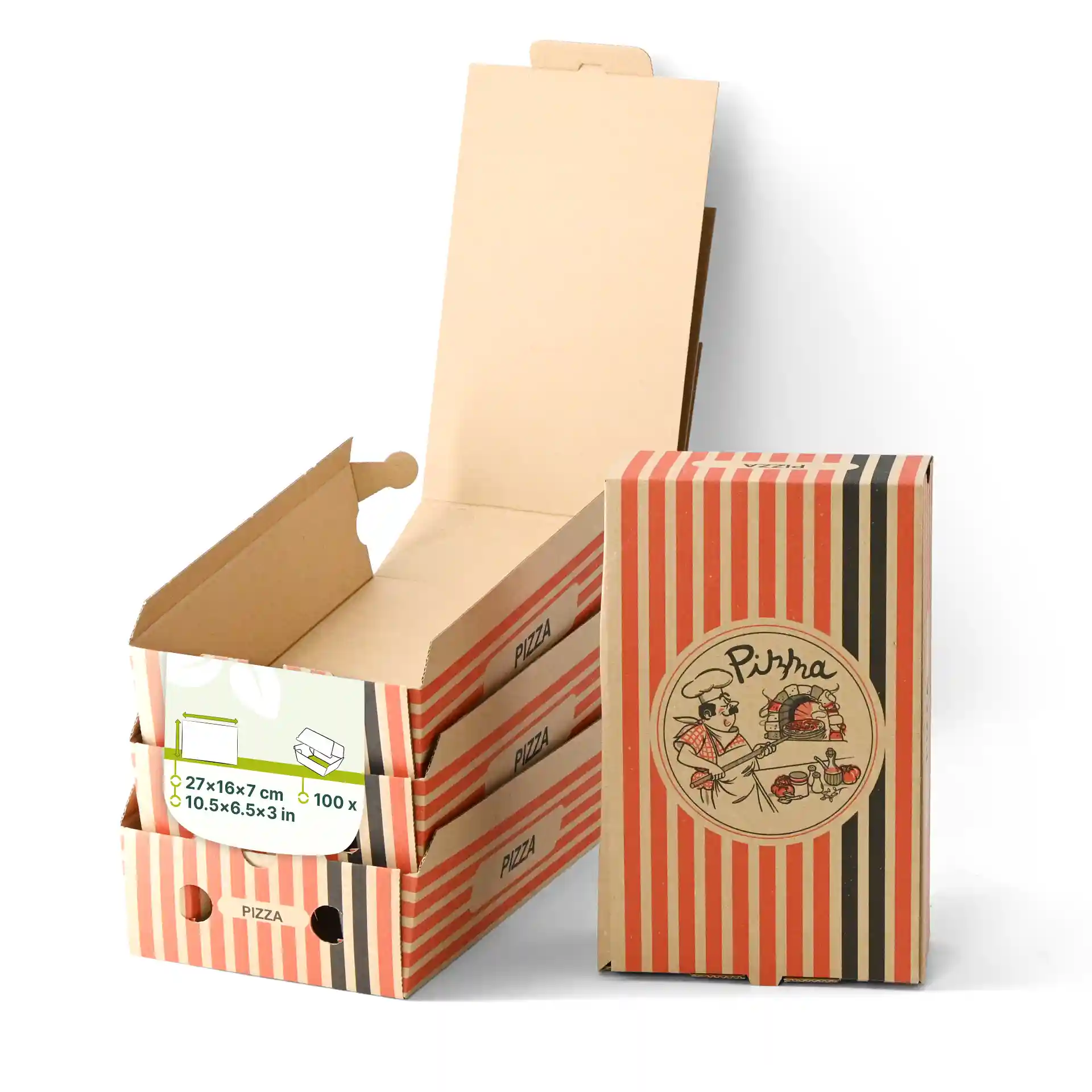 Bruine pizzadozen met een pizzakok-ontwerp, 27 x 16 x 7 cm, gestapeld met één open.