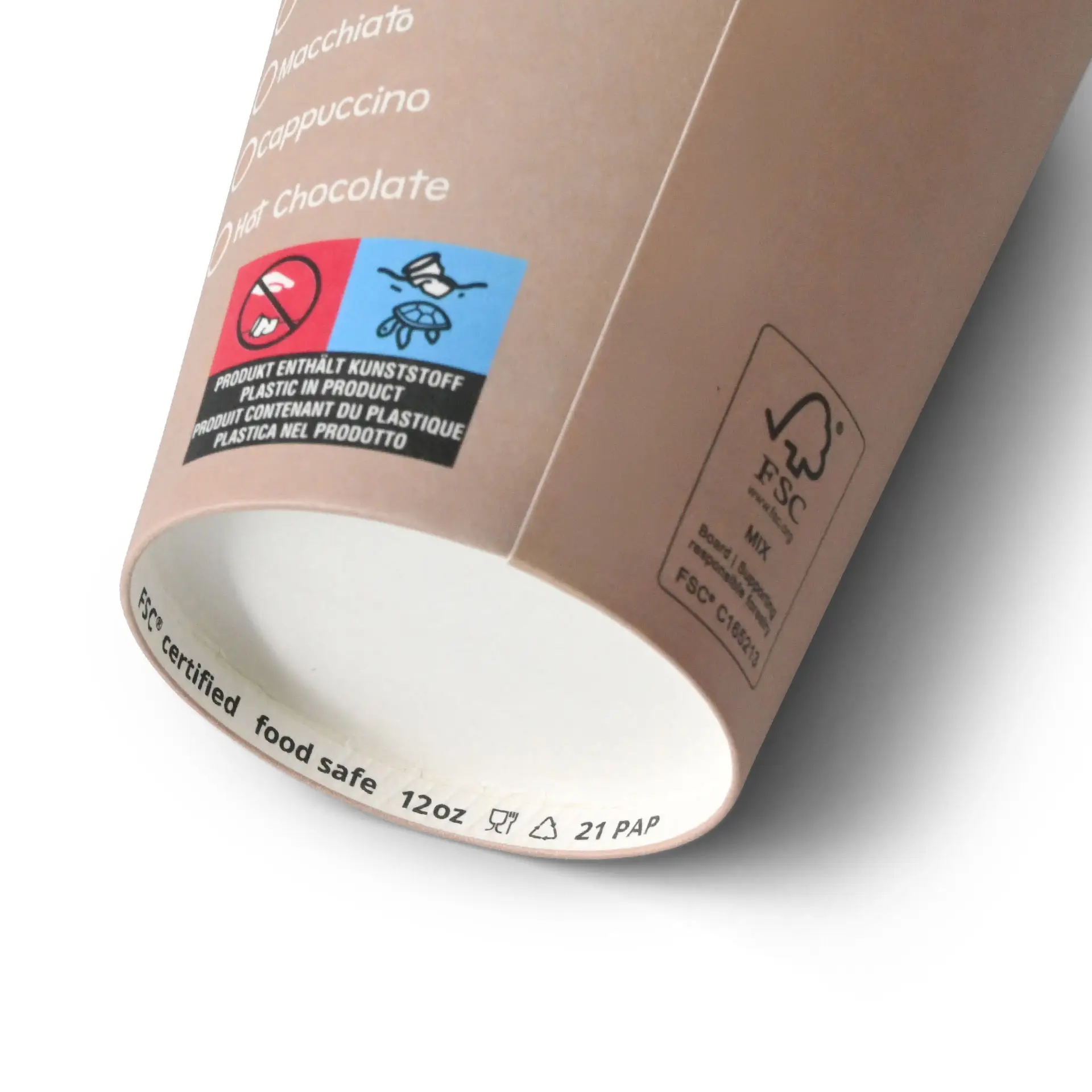 Één 12 oz wit papieren bekertje met 'Coffeebreak'-print, voorzien van ecologische labels en voedselveilige markeringen.
