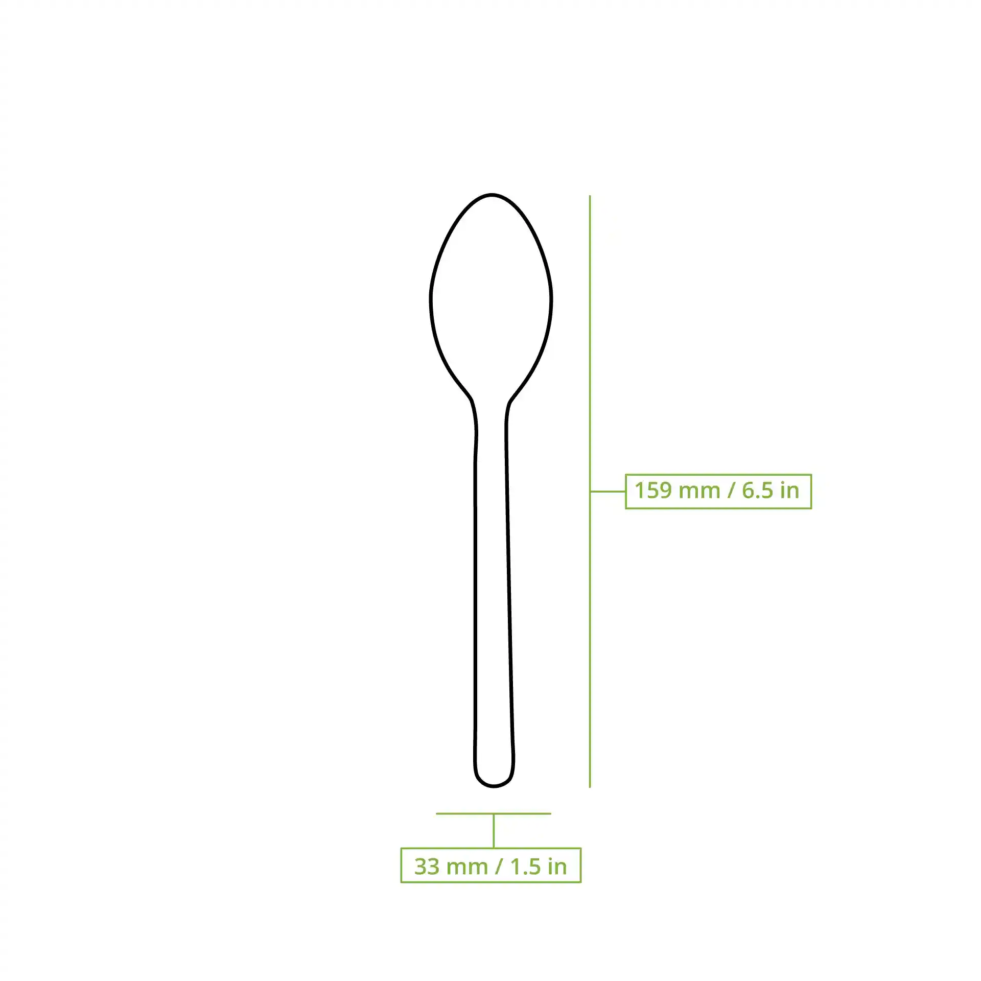 Schematische tekening van een houten lepel met afmetingen, 159 mm lang en 33 mm breed.
