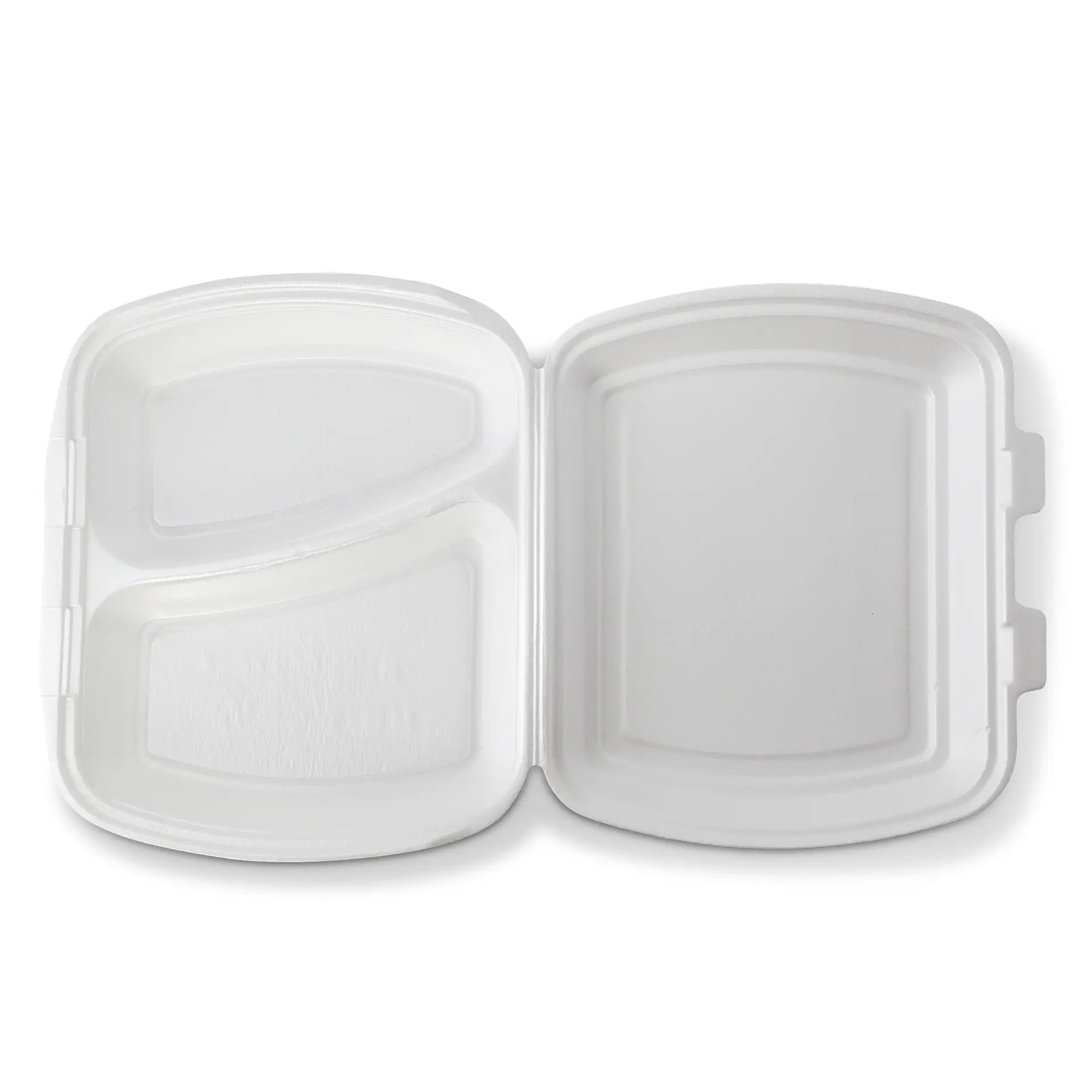 Witte voedselcontainer met drie compartimenten, waaronder één groot en twee kleinere delen, iets open.