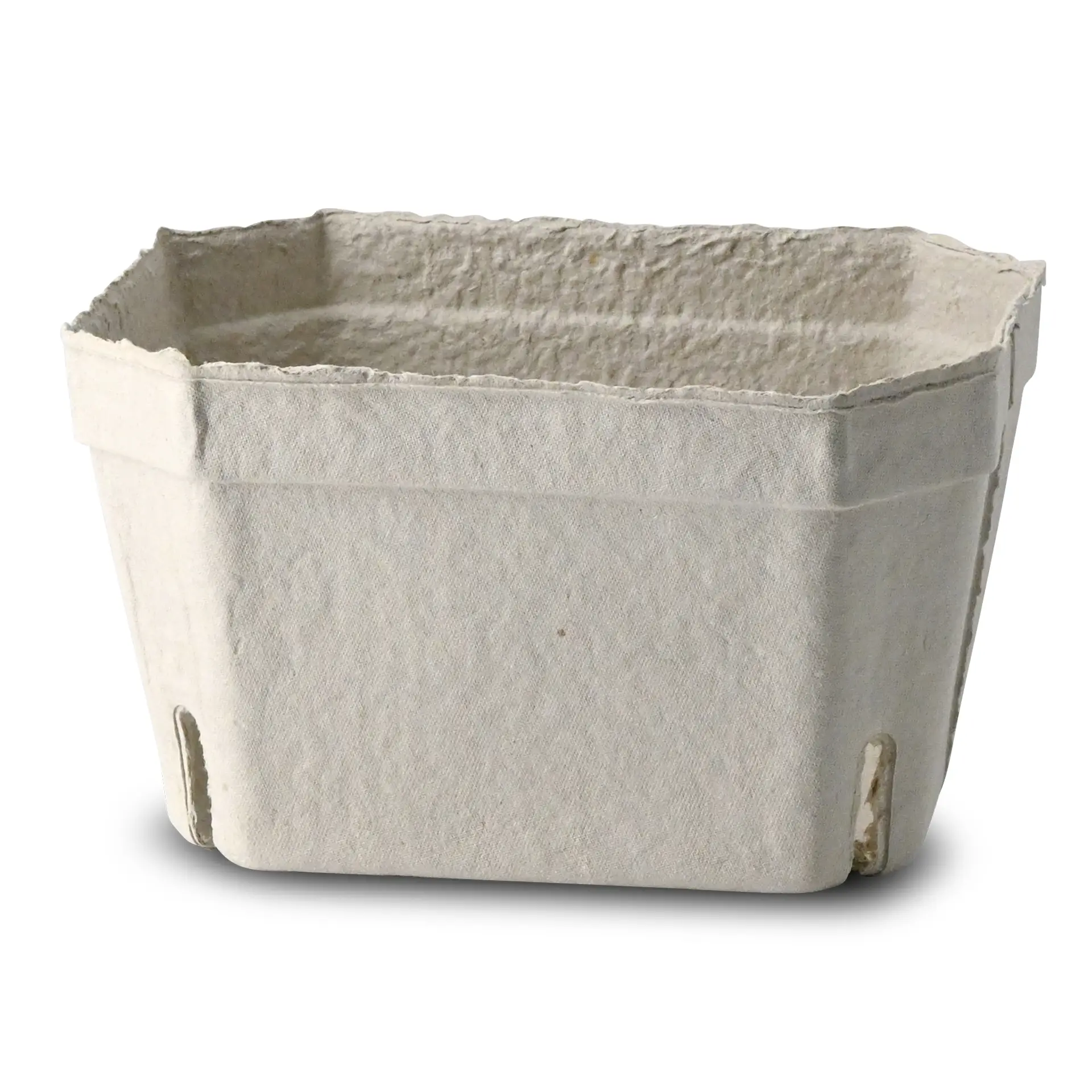 Een wit bessenkrat van houtpulp, ontworpen voor verse producten, met open zijkanten voor vochtafvoer.