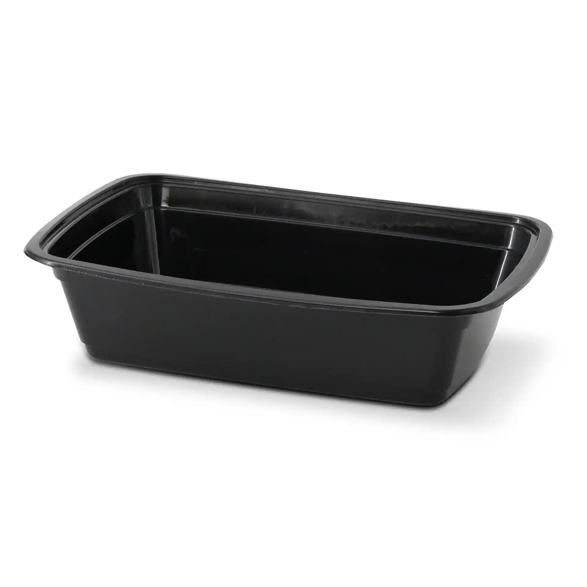 Zwarte rechthoekige herbruikbare container van polypropyleen, 1000 ml capaciteit, afmetingen 217 mm lengte, 150 mm breedte, 52 mm hoogte.