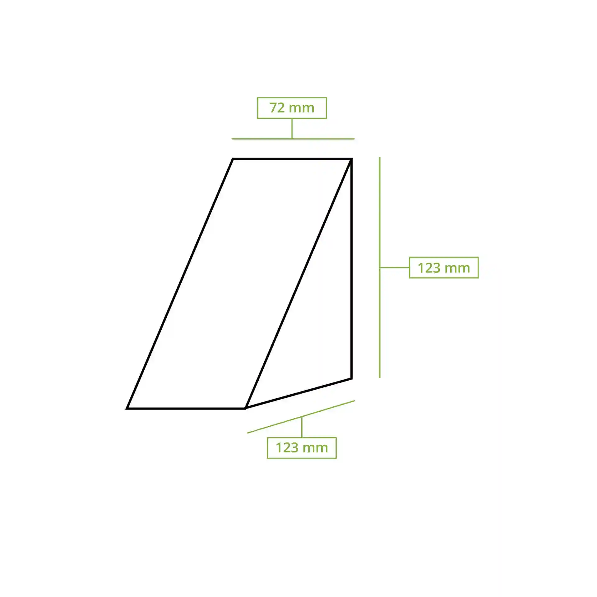 Schematische tekening van een driehoekige sandwichwig met 72 mm breedte en 123 mm hoogte.