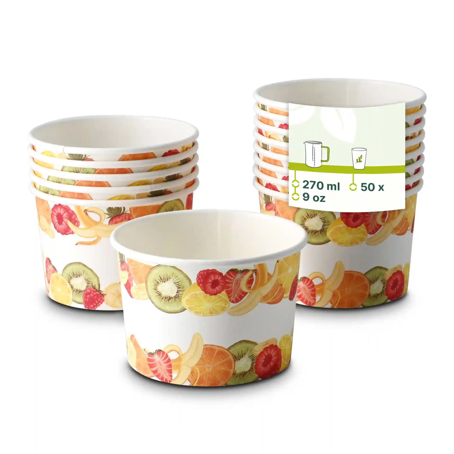 Papieren bekers met een fruitontwerp, 8 oz capaciteit, gestapeld met één beker vooraan en een label met details.