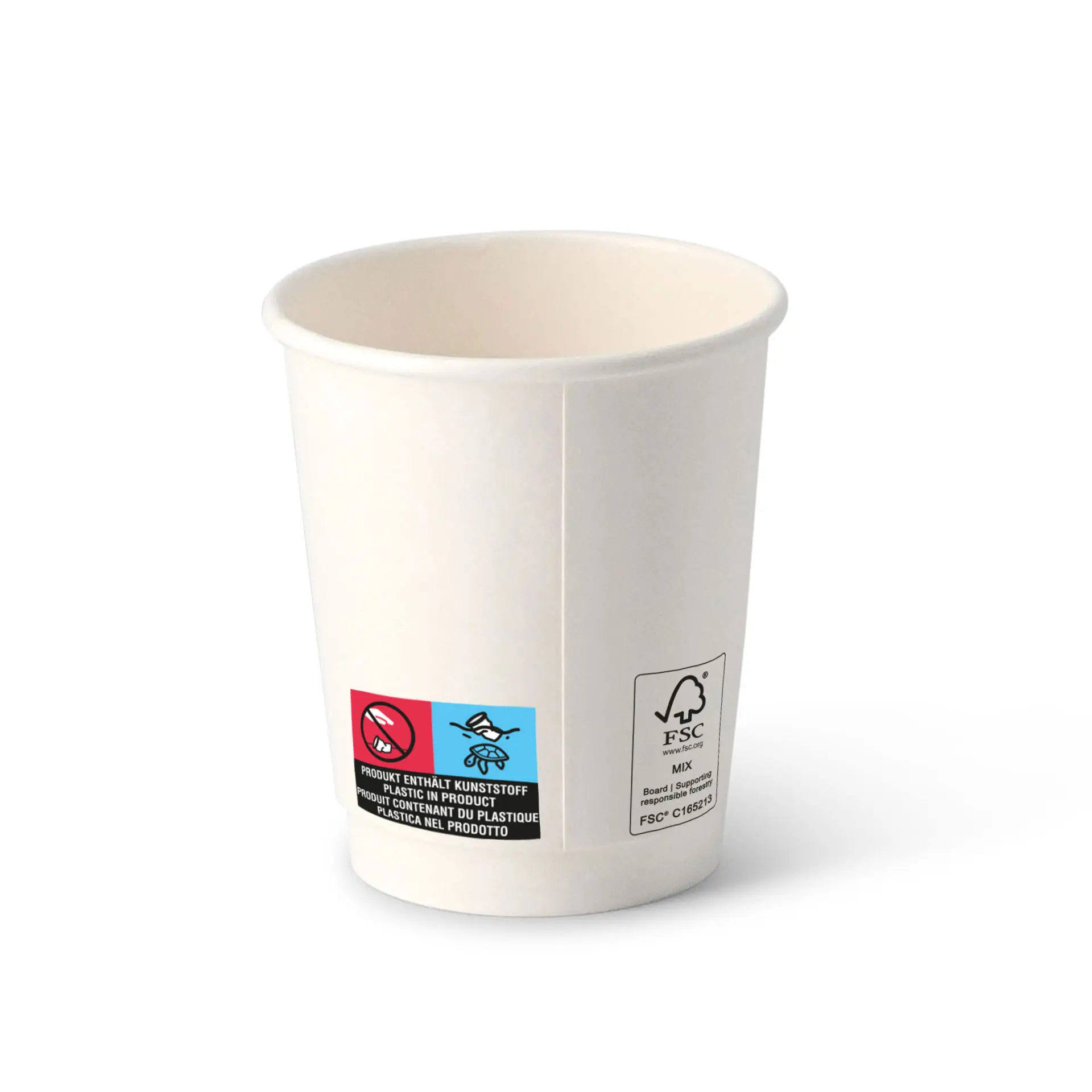 Witte dubbelwandige kartonnen beker met een diameter van 80 mm en verschillende gekleurde labels aan de zijkant.