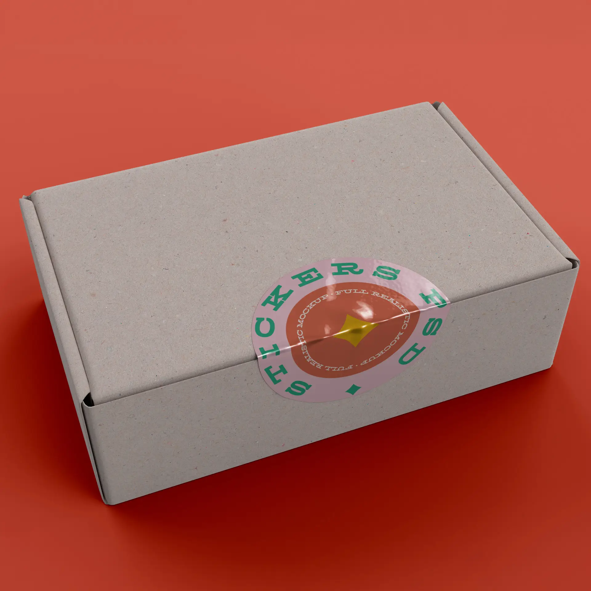 Op maat gemaakte etikettenrol in een rechthoekige bruine doos met een rond kleurrijk stickervorm ontwerp bovenop.