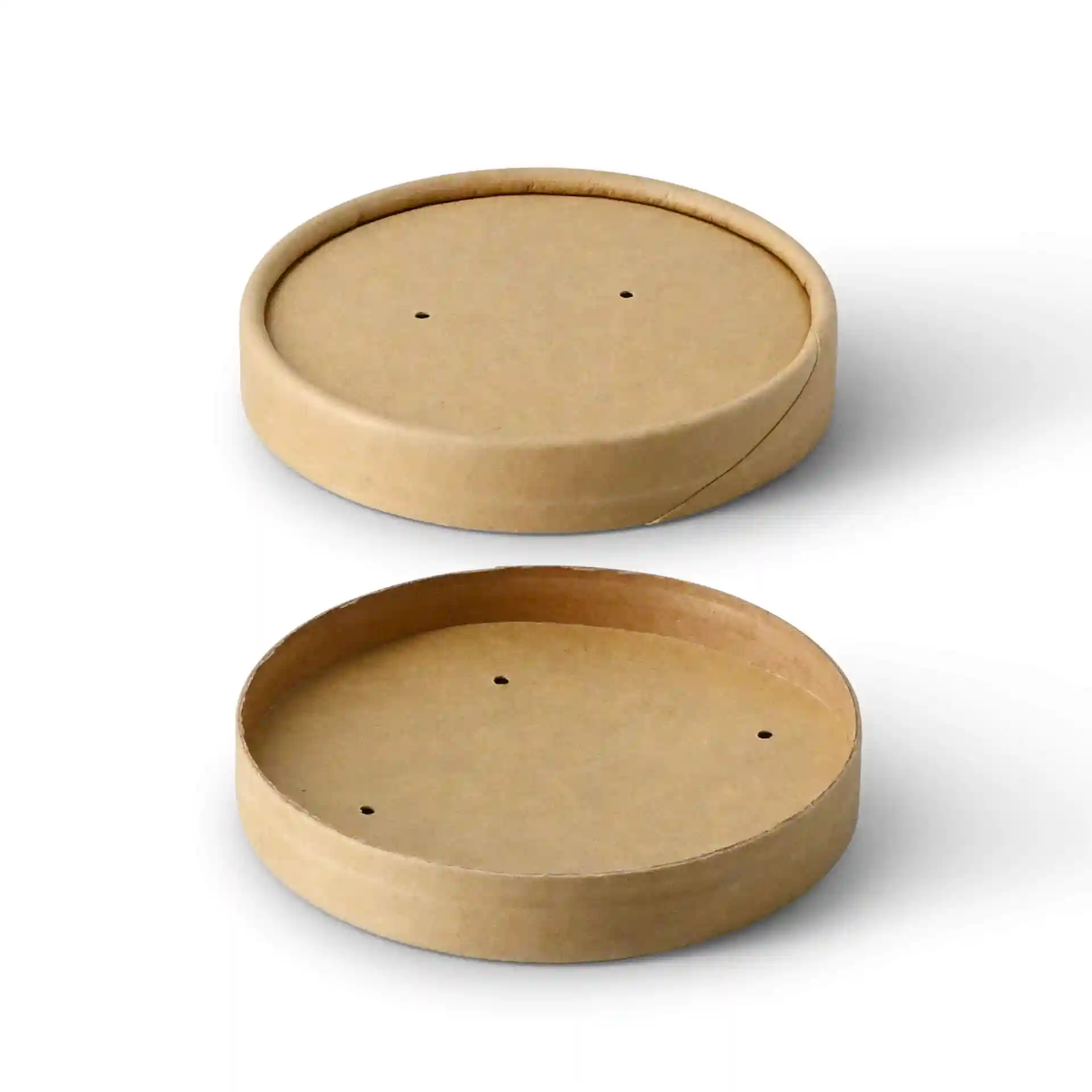 Ronde bruine kartonnen deksels met een diameter van 90 mm en een hoogte van 15 mm, twee stuks met gaten.