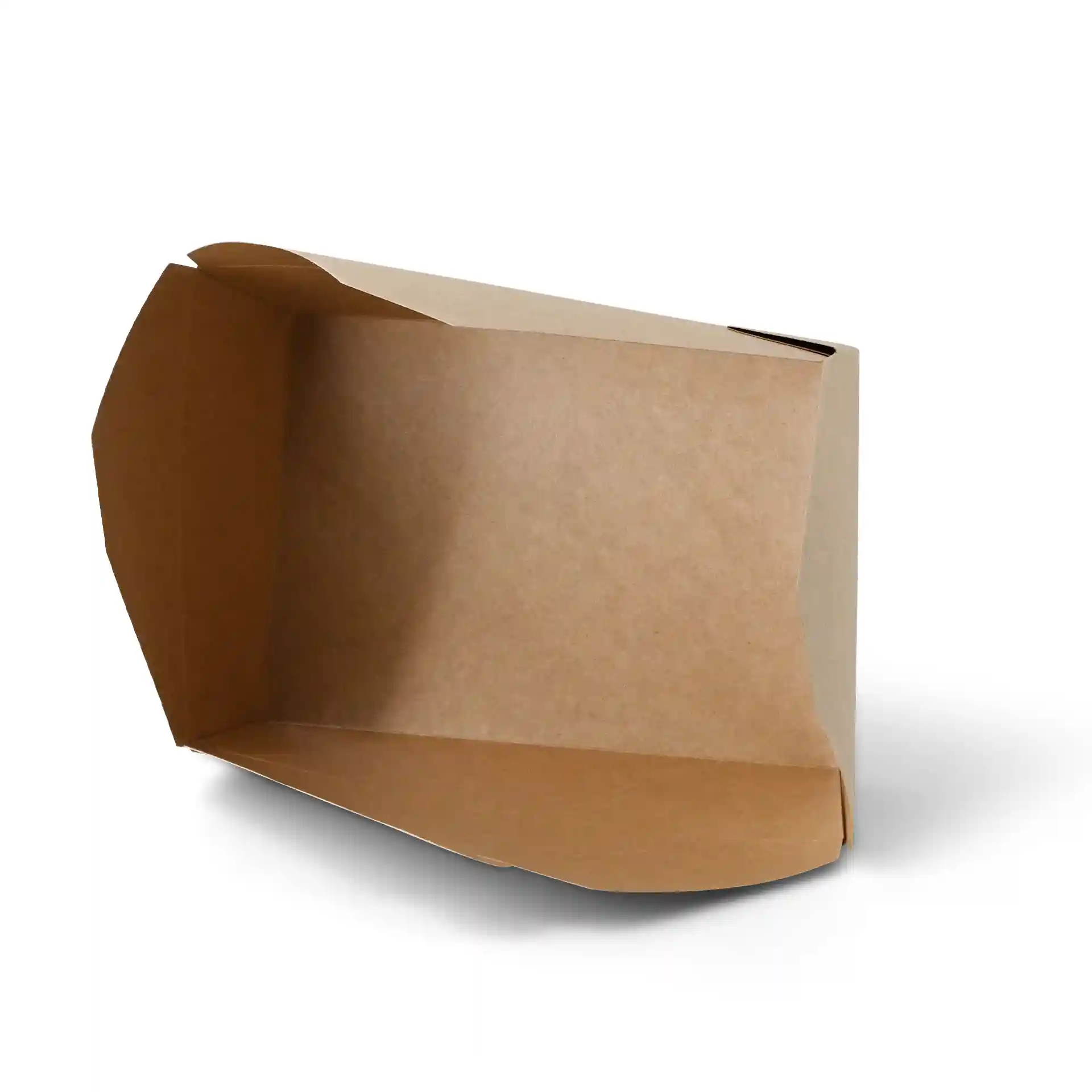 Bruine rechthoekige takeaway-container van karton, schuin van boven zonder kijkvenster getoond.