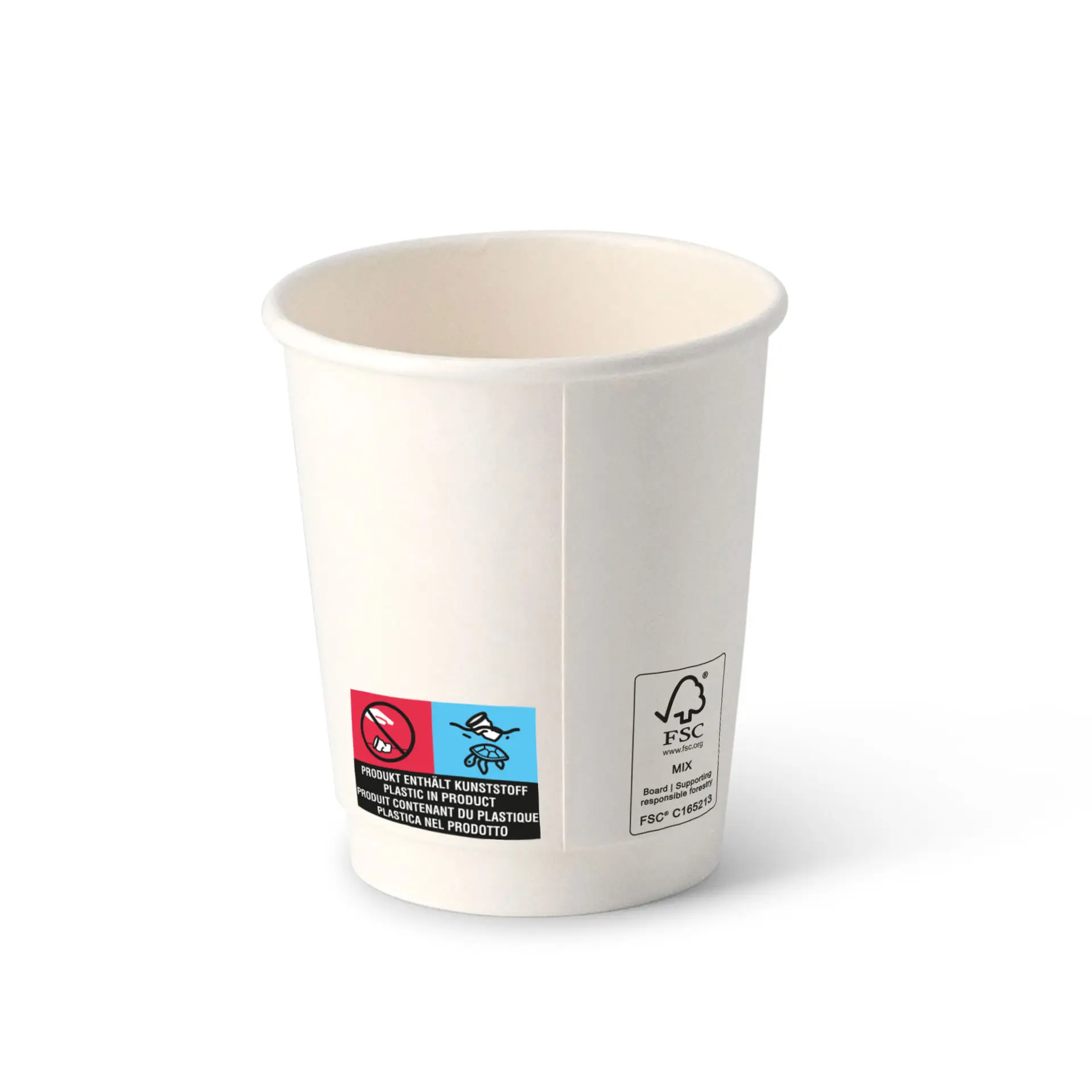 Witte dubbelwandige kartonnen beker met een diameter van 80 mm en zichtbare labels aan de zijkant.