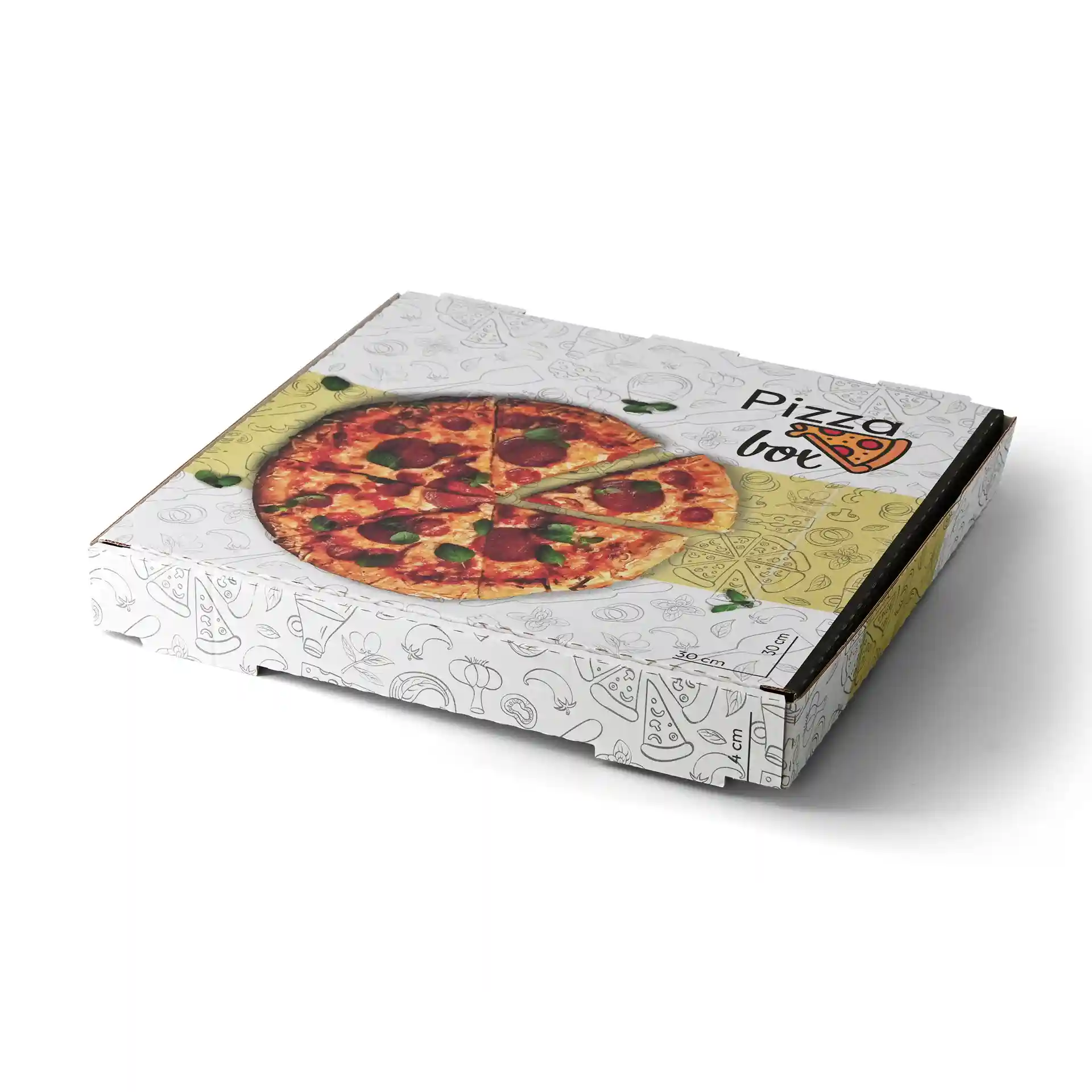 Pizzadoos met bedrukt ontwerp, afmetingen 30 x 30 x 4 cm, met een pizzagrafiek op de deksel.