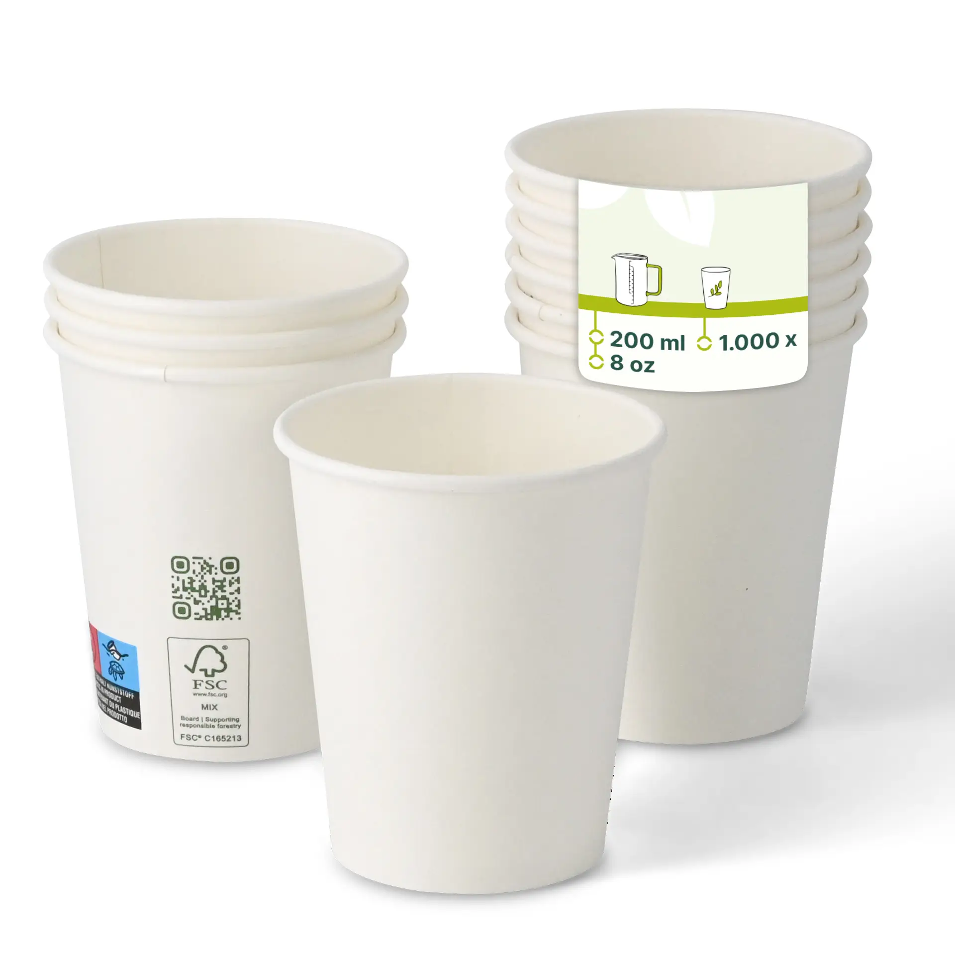 Een witte papieren beker, 200 ml capaciteit, met PLA-coating; verschillende soortgelijke bekers op de achtergrond met verminderde doorzichtigheid.