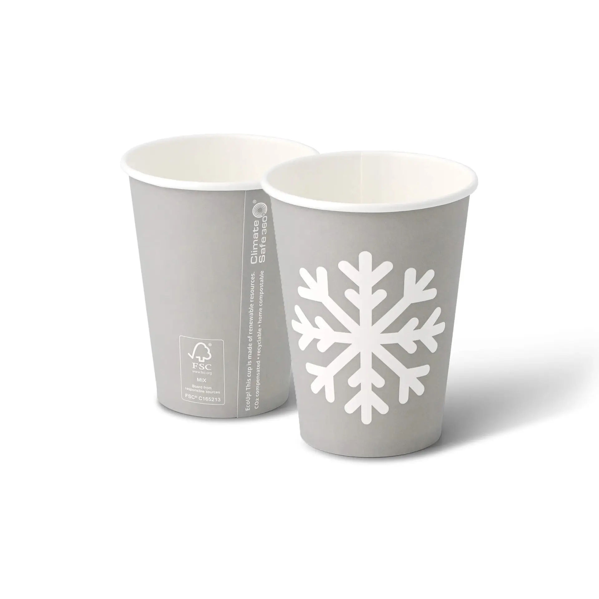 Kartonnen bekers winter "Sneeuwvlok" 300 ml / 12 oz, Ø 90 mm, grijs
