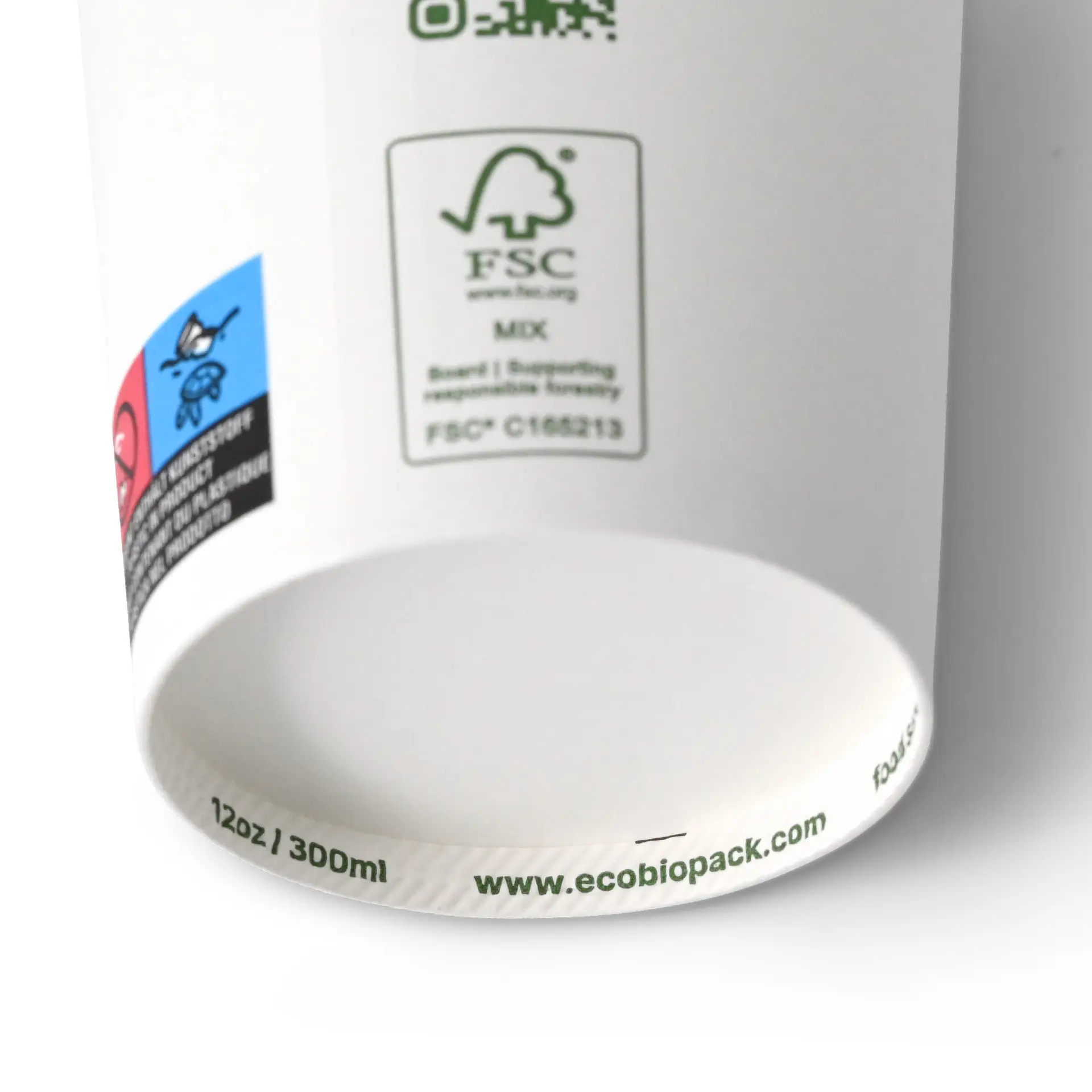 Enkelwandige witte papieren beker, 300 ml / 12 oz, met PLA-coating; heeft eco-certificering en geprinte markeringen.