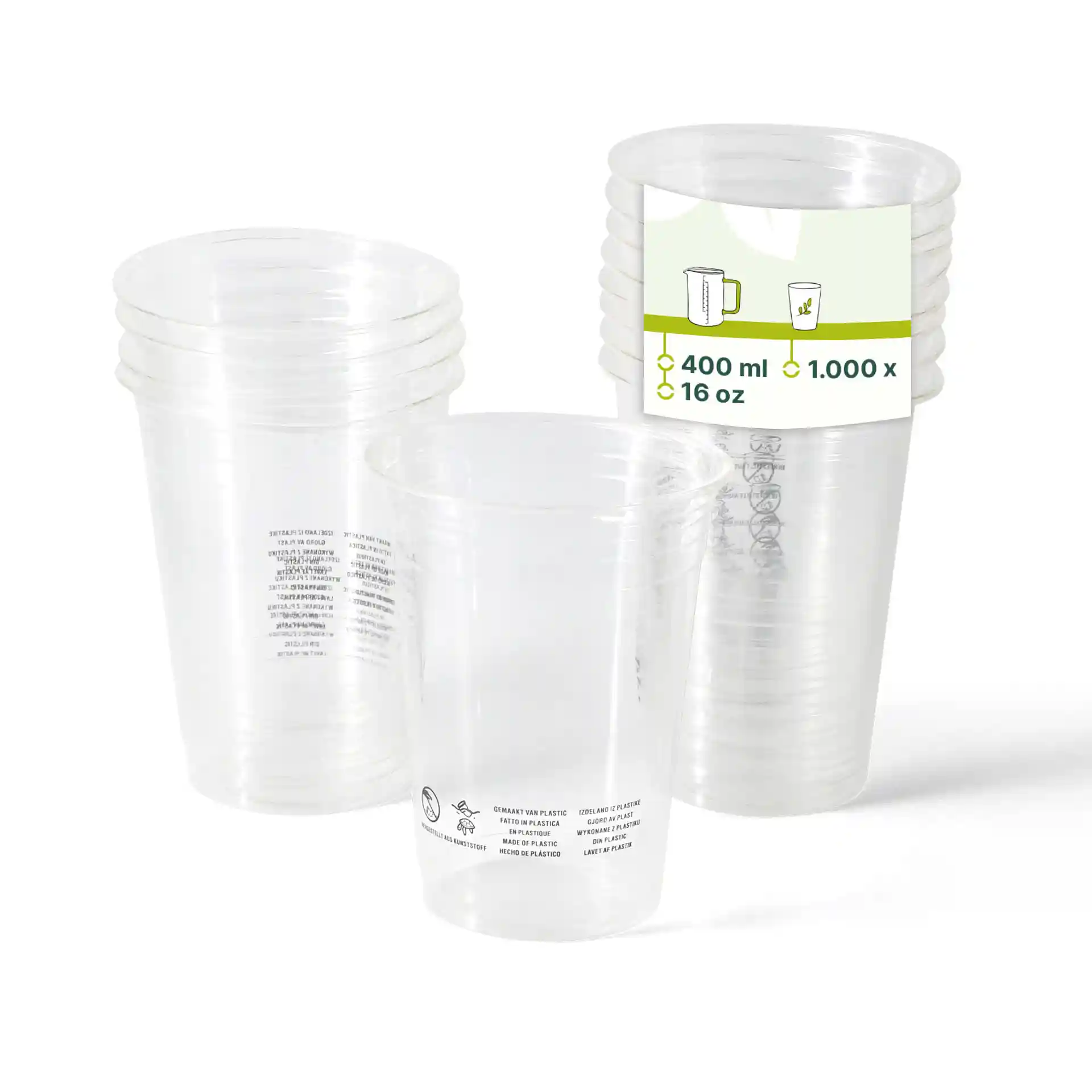 Heldere PLA-plastic bekers gestapeld, met een label dat een capaciteit van 400 ml en 16 oz toont, met bedrukte markeringen op het oppervlak.