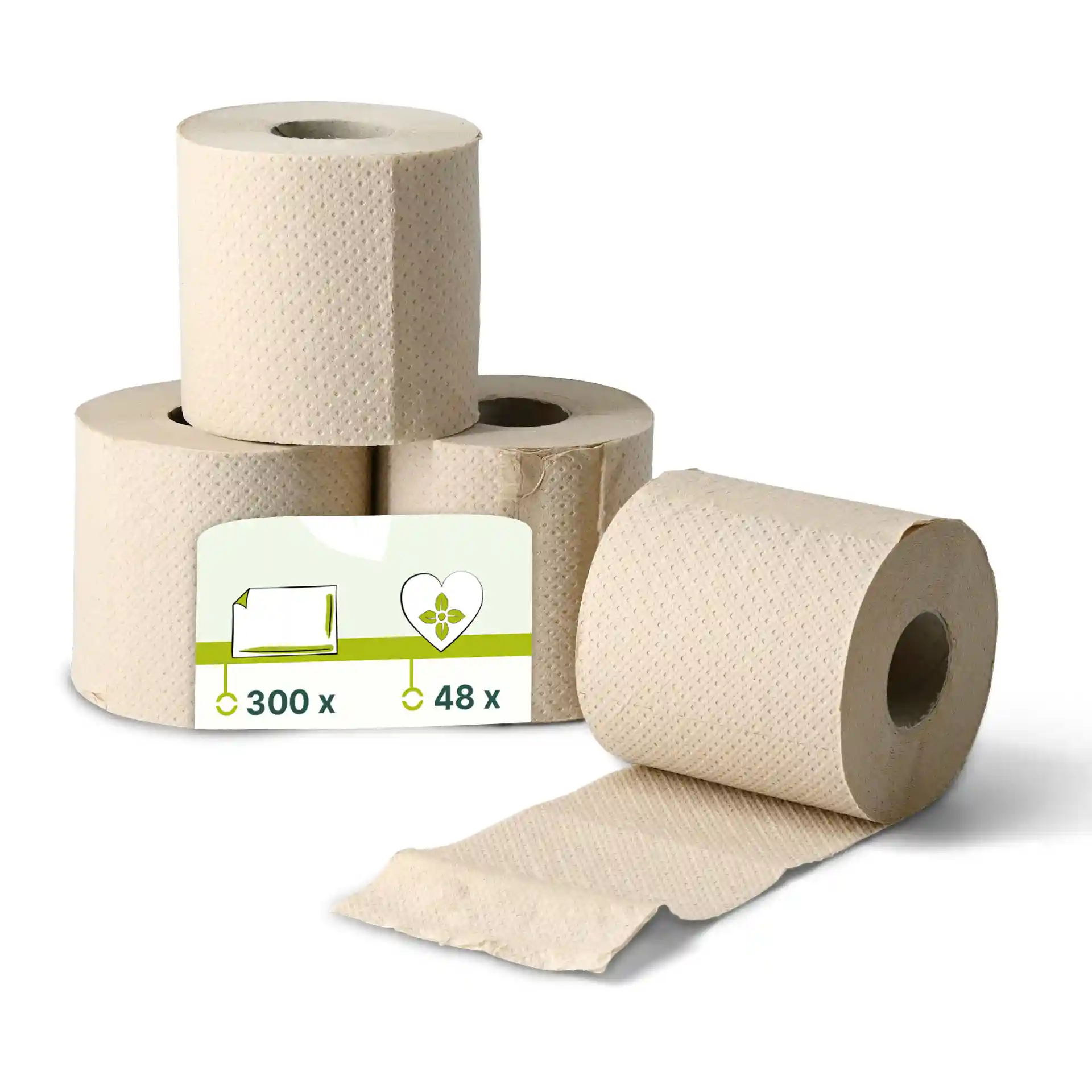 Bruine 2-laags toiletpapierrollen van gerecycled papier, met 300 vellen per rol, weergegeven met een label.