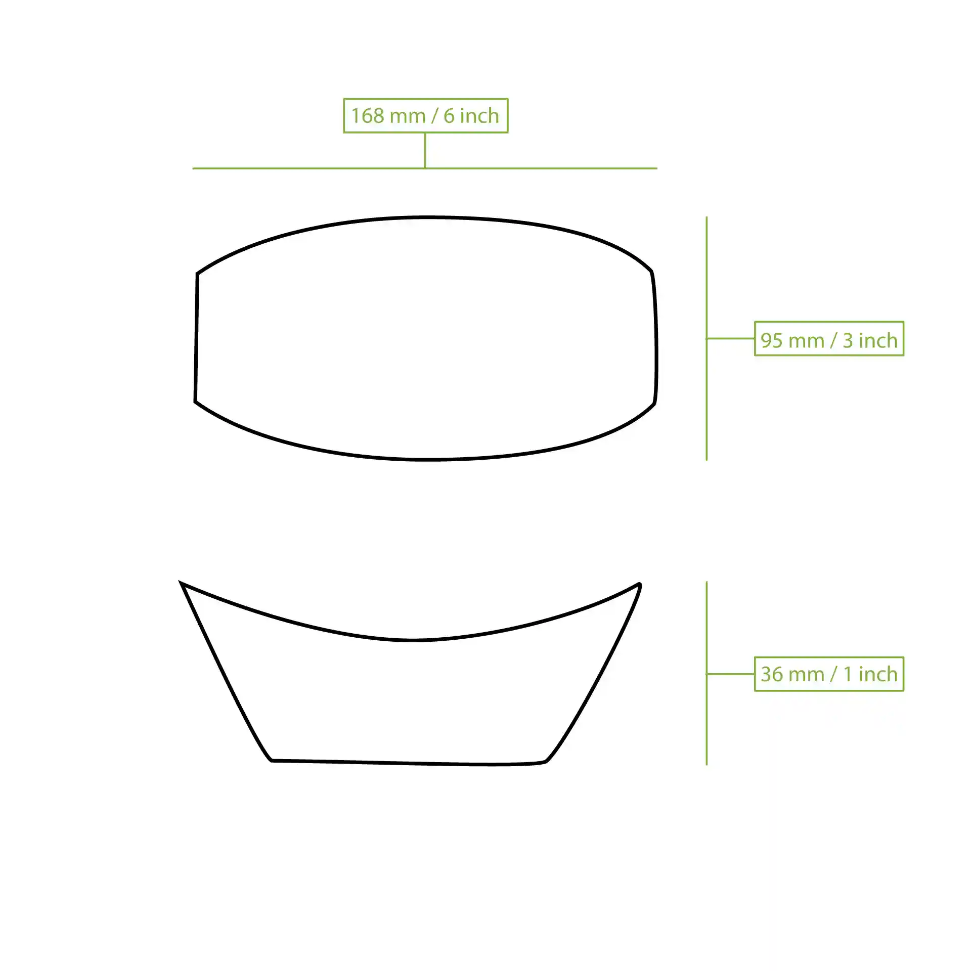 Schematische tekening van een bootvormige container met afmetingen: 170 mm lengte, 95 mm breedte en 36 mm hoogte.