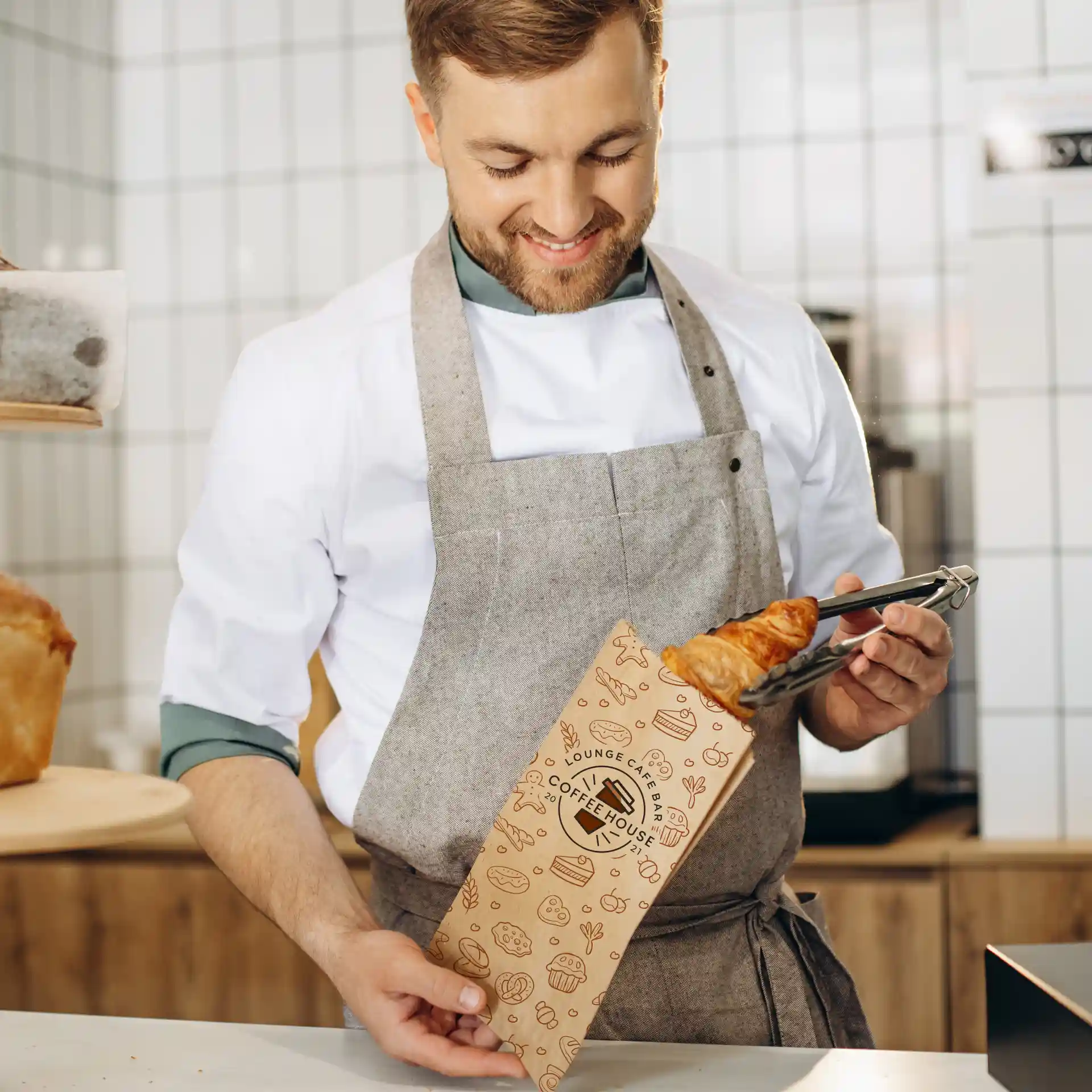 Een man in een schort houdt een bedrukte bruine papieren broodzak met een croissant erin, glimlachend in een café.