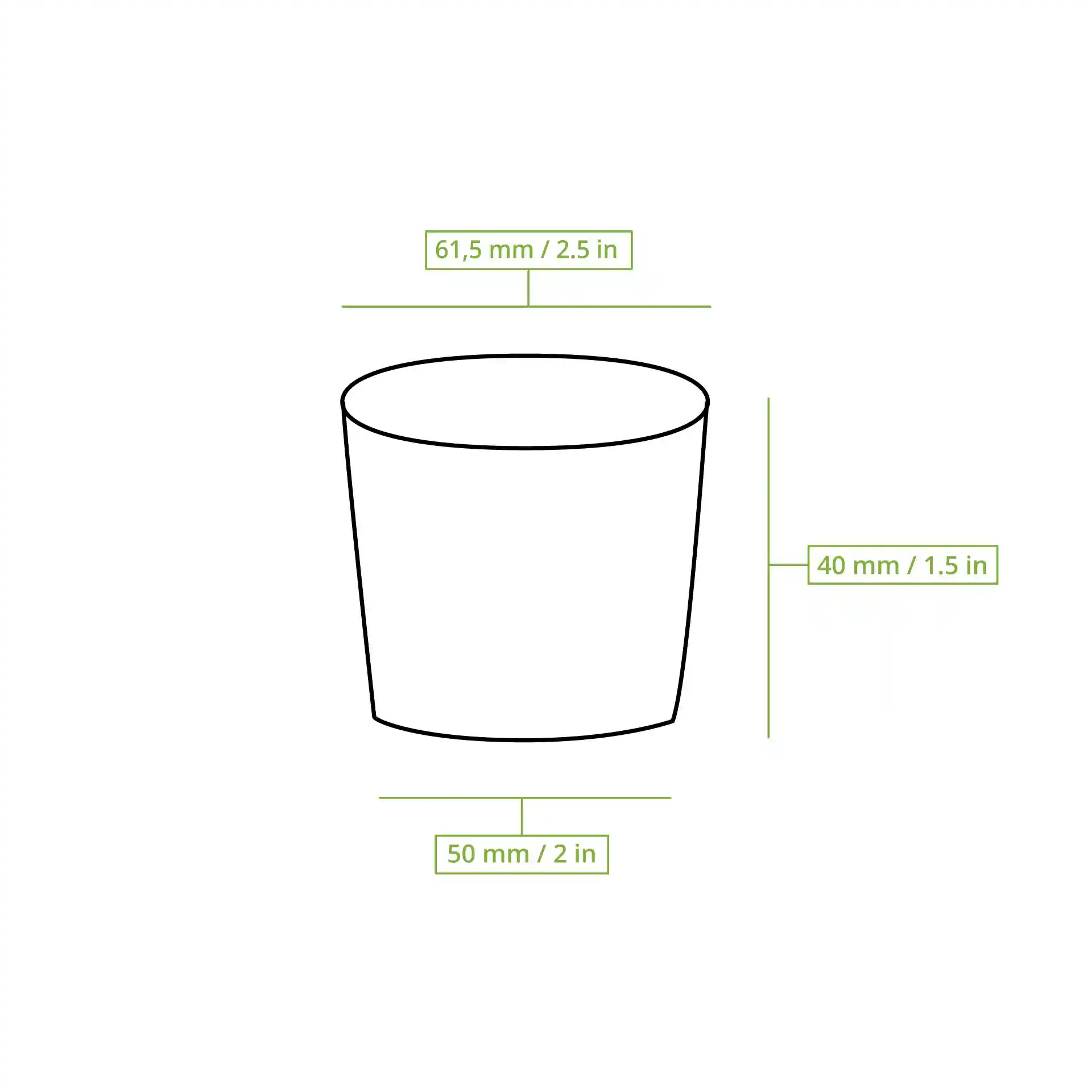 Schematische tekening van een ronde delicontainer met afmetingen: 62 mm bovenkant diameter, 50 mm onderkant diameter en 40 mm hoogte.