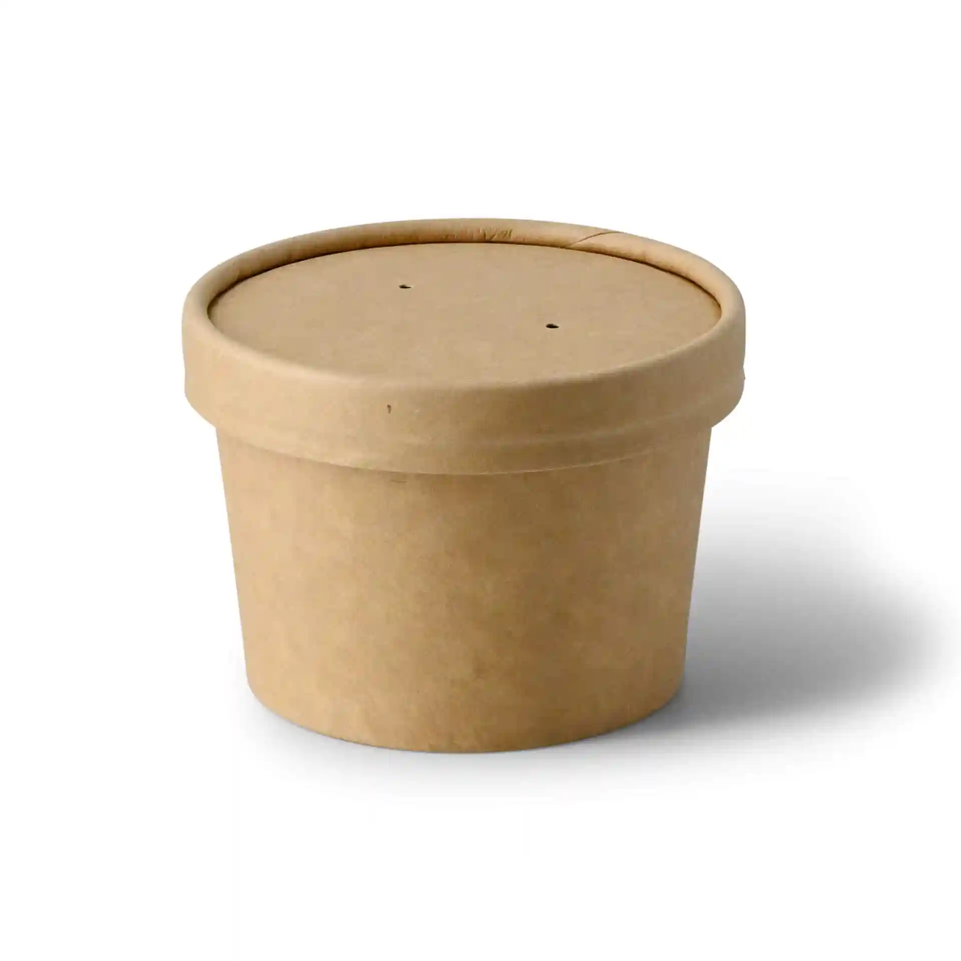 Bruine kartonnen soepbeker met deksel, 200 ml capaciteit, ronde vorm en milieuvriendelijke coating.